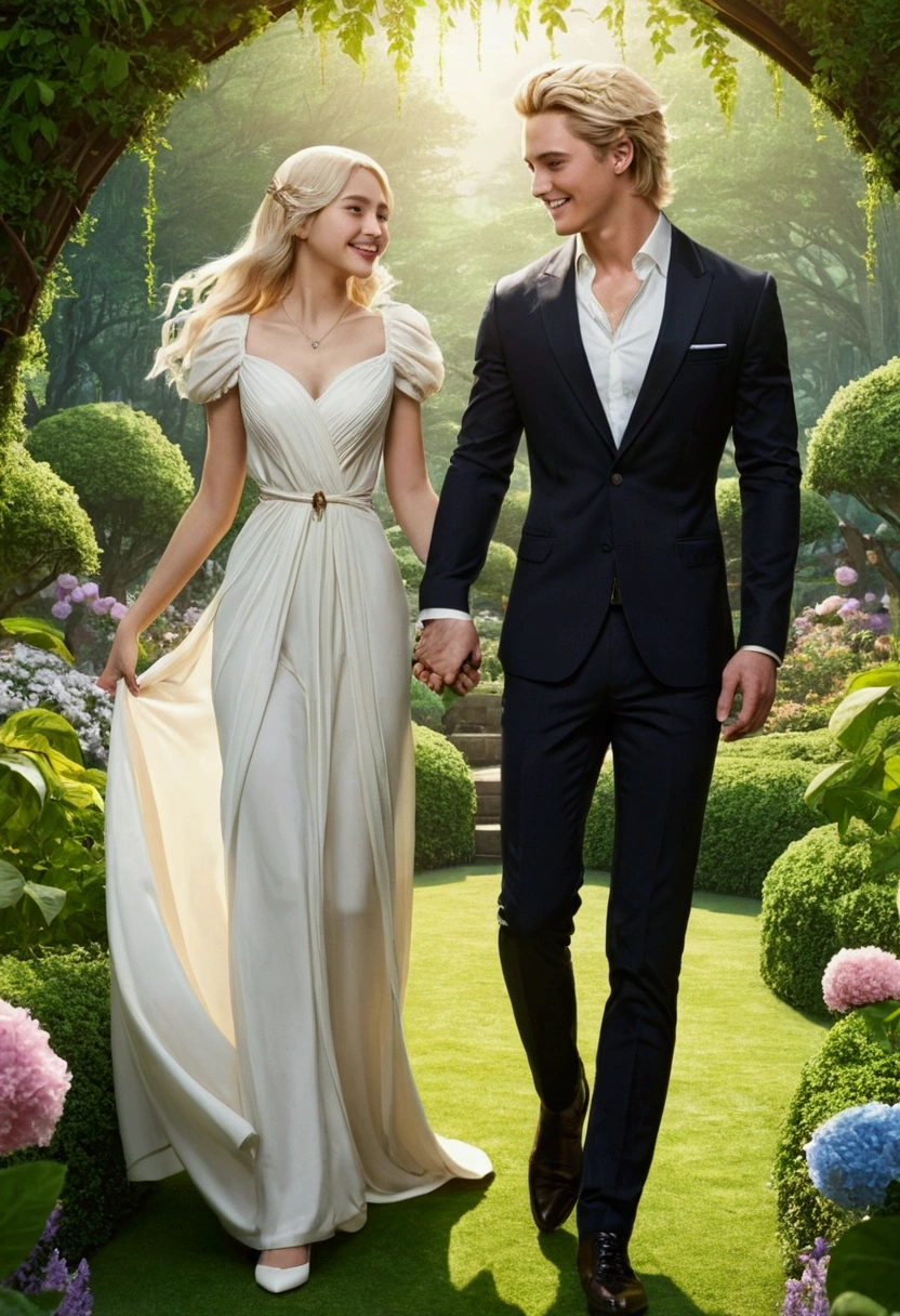 background, Fantasy, wonderful, Fantasy, garden, future, Young and beautiful men and women、Holding hands and getting along、smile at each other、white men and women、The woman is blonde、The man is brunette、近future的な服装、The hairstyle is also stylish。