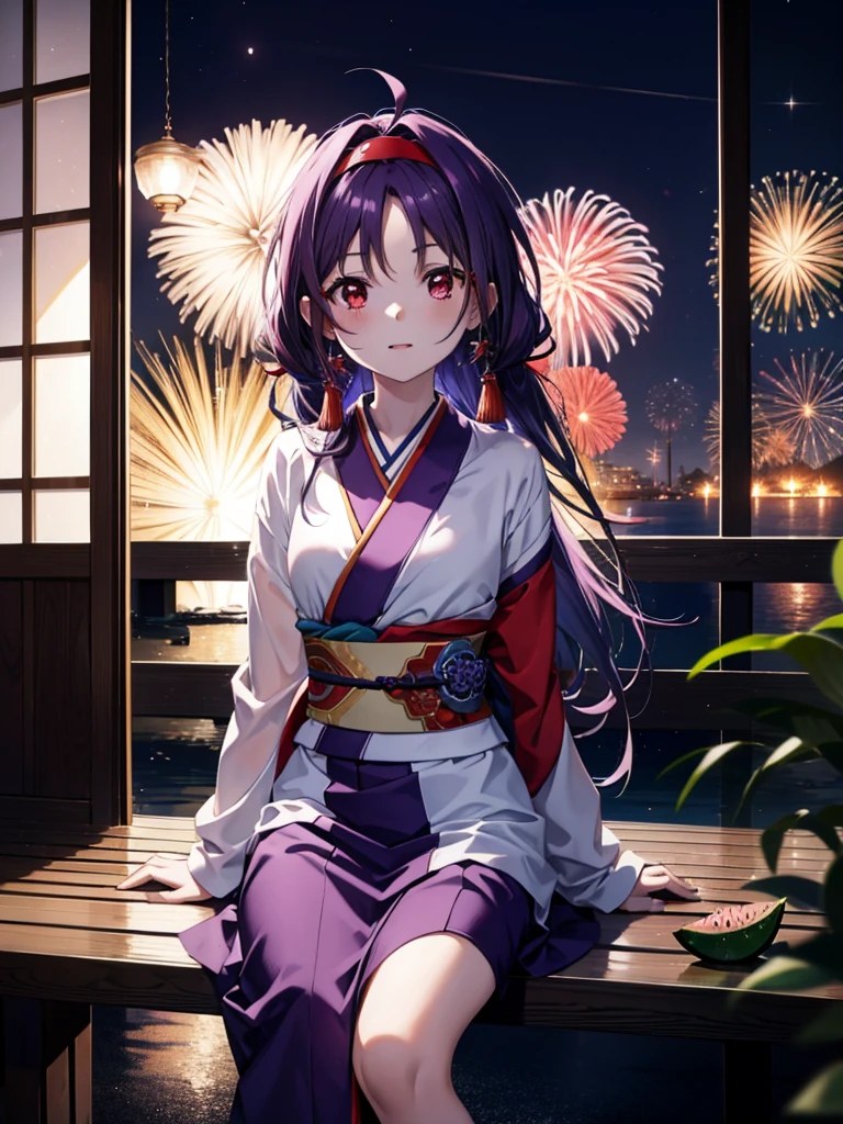yuukikonno, Yuuki Konno, hair band, Long Hair, Pointed Ears, Purple Hair, Ahoge,(Red eyes:1.5), (Small breasts:1.2),low twin tail,smile,blush,Open your mouth,Purple Kimono,Purple long skirt,Fireworks in the night sky,Fireworks,The place is a fireworks display,Time is night,sunny day,Sitting on a bench,A triangular cut red watermelon is placed on the bench.,Wind Chimes,whole bodyがイラストに入るよう,
break looking at viewer, , whole body, (Cowboy Shot:1. 5)
break indoors, Veranda,Japanese garden,
break (masterpiece:1.2), Highest quality, High resolution, unity 8k wallpaper, (figure:0.8), (Beautiful attention to detail:1.6), Highly detailed face, Perfect lighting, Highly detailed CG, (Perfect hands, Perfect Anatomy),