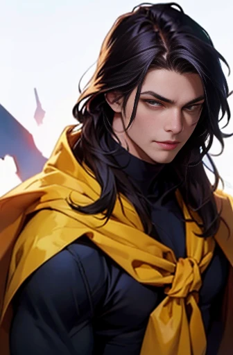 (Very detailed CG ユニティ 8k 壁紙,masterpiece, Highest quality, Very detailed),(Best lighting, Best Shadow, Very delicate),good looking ,Roleplaying、Small eyes、Long Hair、Fantasy style clothing、Yellow clothes、Yellow Cape、Black Hair、Yellow bandana on head、(((Muscular)))、