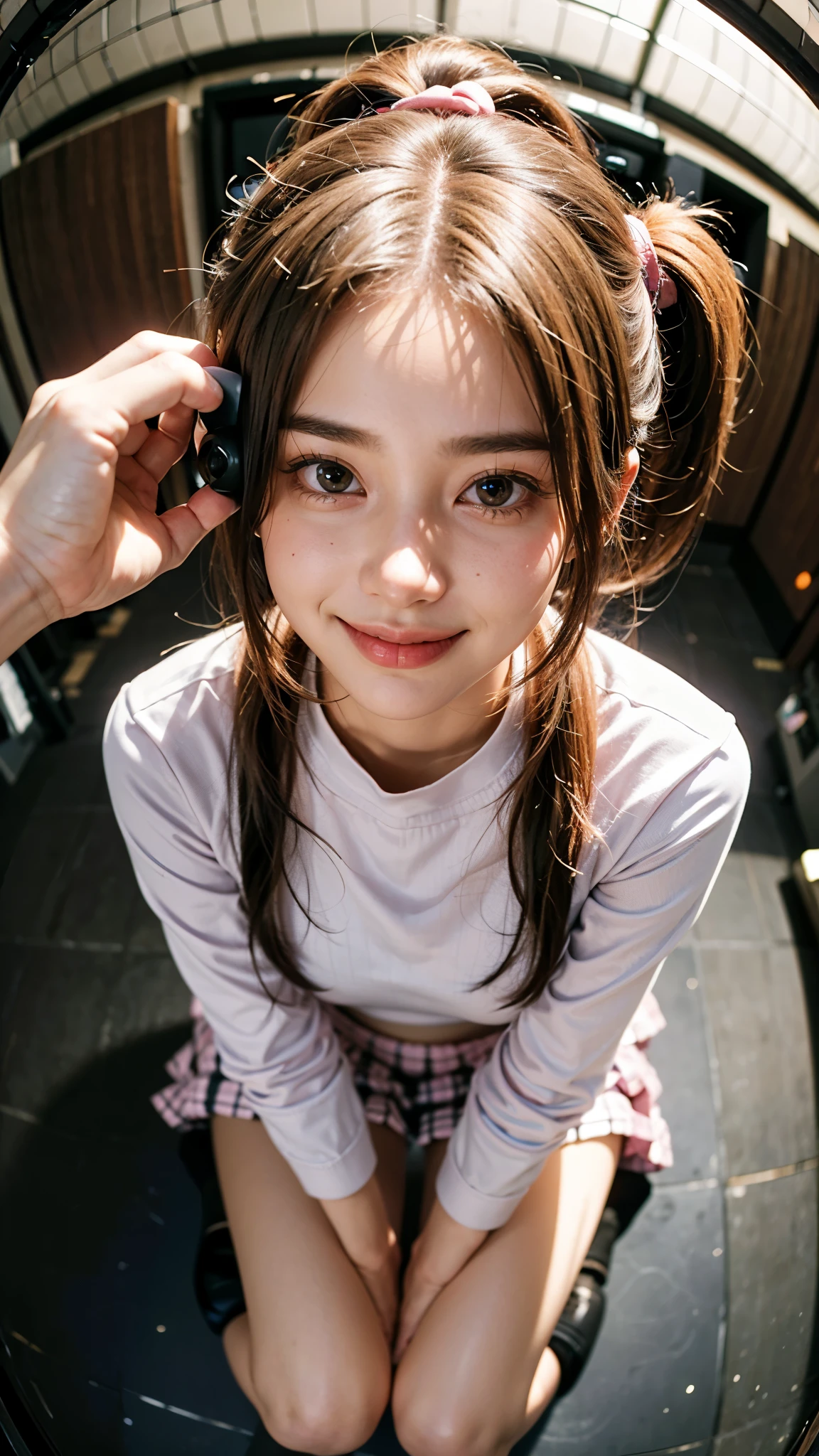 Highest quality, masterpiece, 4K Ultra High Resolution,Detailed face:1.6,(((Face Focus:1.6))) (Realistic:1.6), (Portrait of a man kneeling with legs apart) RAW Photos, 1 girl, 20-year-old,((Bra top and light pink checked uniform miniskirt)),((Ponytail and hair tie)),,((Looking up at the audience)),((Image Media Chest)),((Smiling with teeth showing)),((Shooting from above with a fisheye lens:1.4))