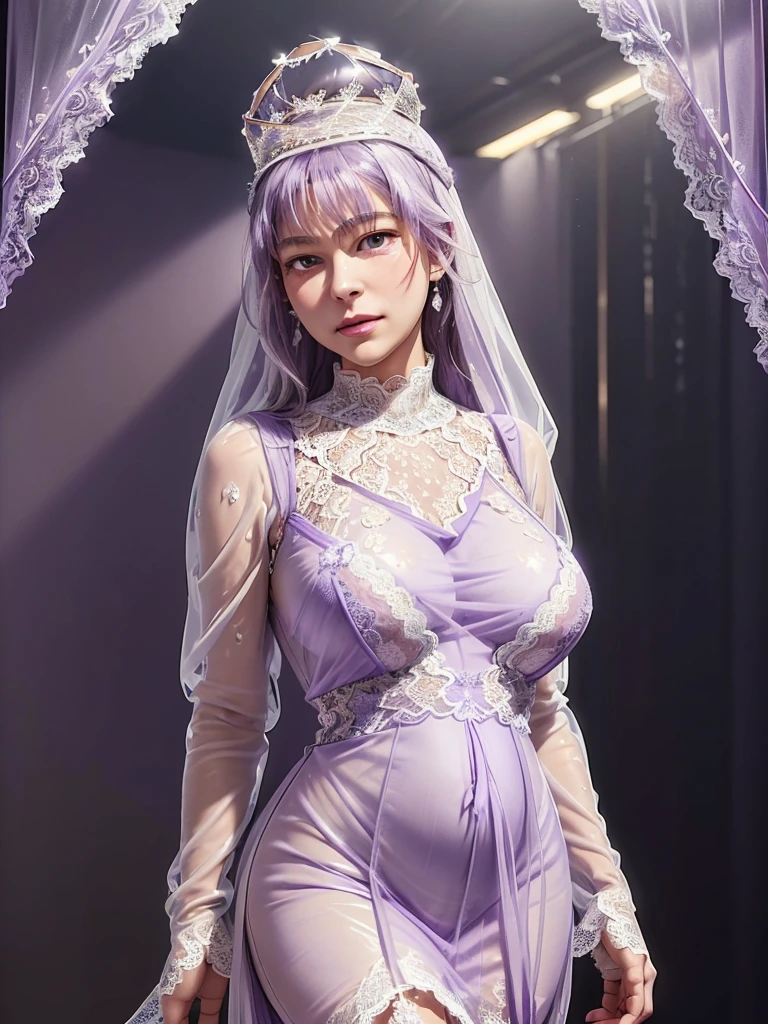 (Canon RF85mmf/1.2), (8ก, RAW Photos, Highest quality), (masterpiece), (Realistic, photograph Realistic), (Very detailed, Very detailedな, Best image quality, Amazing details, High resolution, Very detailed, Very detailedな, Very delicate and beautiful work.), Beautiful girl with details, Solo Girl, ((Perfect shape)), Very detailed eyes and face, White skin, Noble Beauty, ((Fine texture, Hair follicle)), (((Anatomically correct body、))), Beautiful details down to the last detail、, (Narrow waist, Very big ass), (胸のサイズはBig Breasts、), (Hip Up:1.3), (Cute Face,round face)、(Sexy gaze, Glowing Eyes,Beautiful and clear eyes), (Tie your hair in a big bun.), (smile:1.0), (Attractive look), (attractive appearance), ((Expensive and sexy light purple see-through queen lace dress:1.8)), (crown diamond gear), (Diamond Necklace, Diamond Earrings), ((Midnight in a luxurious palace, moonlight)), Physical Rendering, Realistic light, (((Upper Body:1.3))), ((Glance at the viewer:1.3)), ((stand)), ((from the front))、One Japanese girl,Asian features、18-year-old、 dynamic post, Dynamic Angle,Dark purple lingerie、Dark purple underwear、Breast in pregnant women、Milk dripping from her lingerie、Round face、Chubby、Very large breasts、Big Breasts、obesity、The groin area is very swollen、