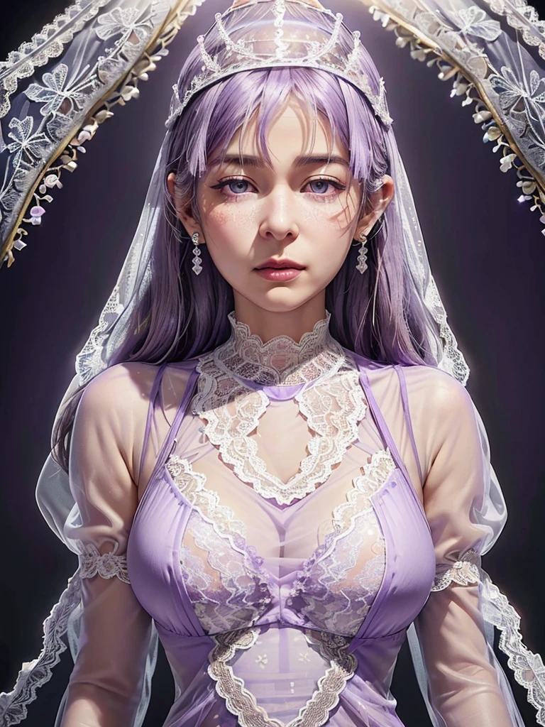 
(Canon RF85mmf/1.2), (8ก, RAW Photos, Highest quality), (masterpiece), (Realistic, photograph Realistic), (Very detailed, Very detailedな, Best image quality, Amazing details, High resolution, Very detailed, Very detailedな, Very delicate and beautiful work.), Beautiful girl with details, Solo Girl, ((Perfect shape)), Very detailed eyes and face, White skin, Noble Beauty, ((Fine texture, Hair follicle)), (((Anatomically correct body､))), Beautiful details down to the last detail､, (Narrow waist, Very big ass), (胸のサイズはBig Breasts､), (Hip Up:1.3), (Cute Face,round face)、(Sexy gaze, Glowing Eyes,Beautiful and clear eyes), (Tie your hair in a big bun.), (smile:1.0), (Attractive look), (attractive appearance), ((Expensive and sexy light purple see-through queen lace dress:1.8)), (crown diamond gear), (Diamond Necklace, Diamond Earrings), ((Midnight in a luxurious palace, moonlight)), Physical Rendering, Realistic light, (((Upper Body:1.3))), ((Glance at the viewer:1.3)), ((stand)), ((from the front))､One Japanese girl,Asian features、18-year-old､ dynamic post, Dynamic Angle,Dark purple lingerie、Dark purple underwear、Breast in pregnant women、Milk dripping from her lingerie、Round face､Chubby、Very large breasts、Big Breasts、obesity、The groin area is very swollen、