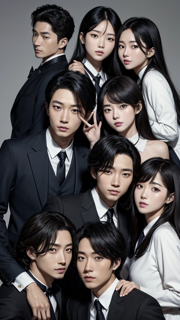 Des amis korean pose pour une photo, un air agréable, il on l'air responsable les uns des autres. Ils sont charismatiques, très bien détaillés, beaux visages, beaux yeux. À côté d'un lycée coréen. Style kdrama. Suspens. Ils ont tous 18 years. Lumières sombres. Bad guys.