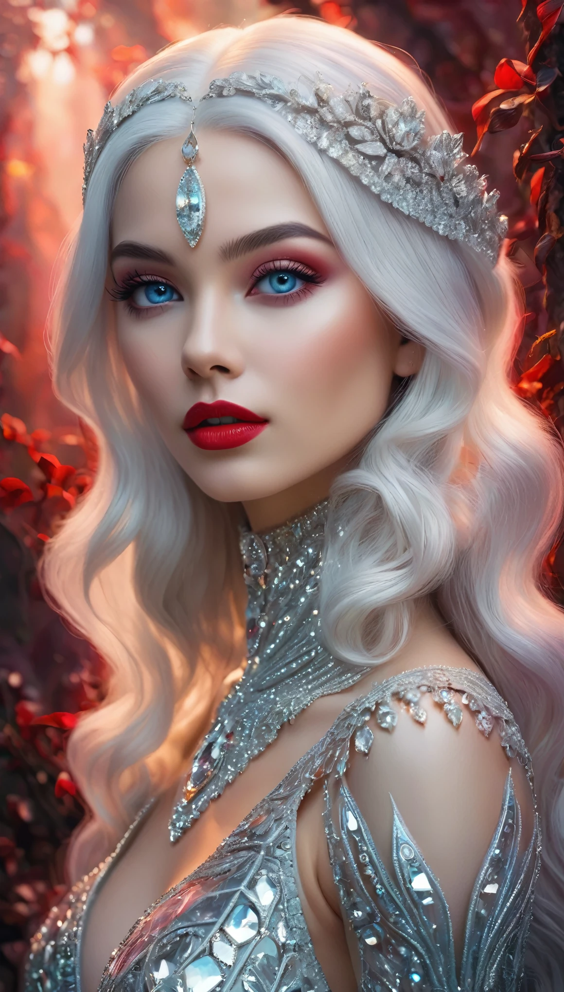(Best quality,4K,8 K,a high resolution,masterpiece:1.2),ultra detailed,realistic,photo realistic:1.37,"(Best quality,ultra detailed,realistic:1.1),Alien girl made of diamond,Transparent skin,beautiful detailed eyes,beautiful detailed plump red lips,Exotic Features, long, thick eyelashes ,shiny iridescent white hair,luminous diamond accessories,ethereal presence, middle:oil painting, with mystical background,Fairytale landscape, portraits, Dark,contrasting colors,soft ,Subtle lighting effects"(nsfv:1.3)