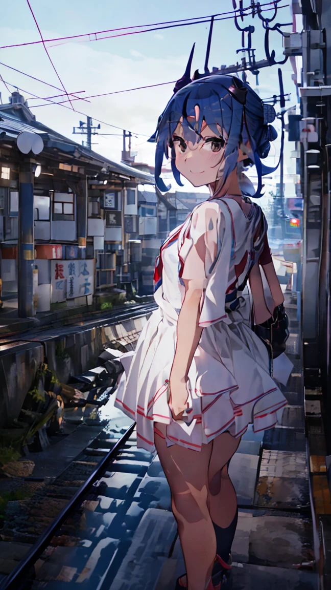 masterpiece, Highest quality, High resolution, Very detailed,(((Mikoto Naruka))), (((station)))、(((electric wire)))、(((smile)))、(((Standing in the distance))), (((Looking back。))), Electric pole, night, (((platform)))