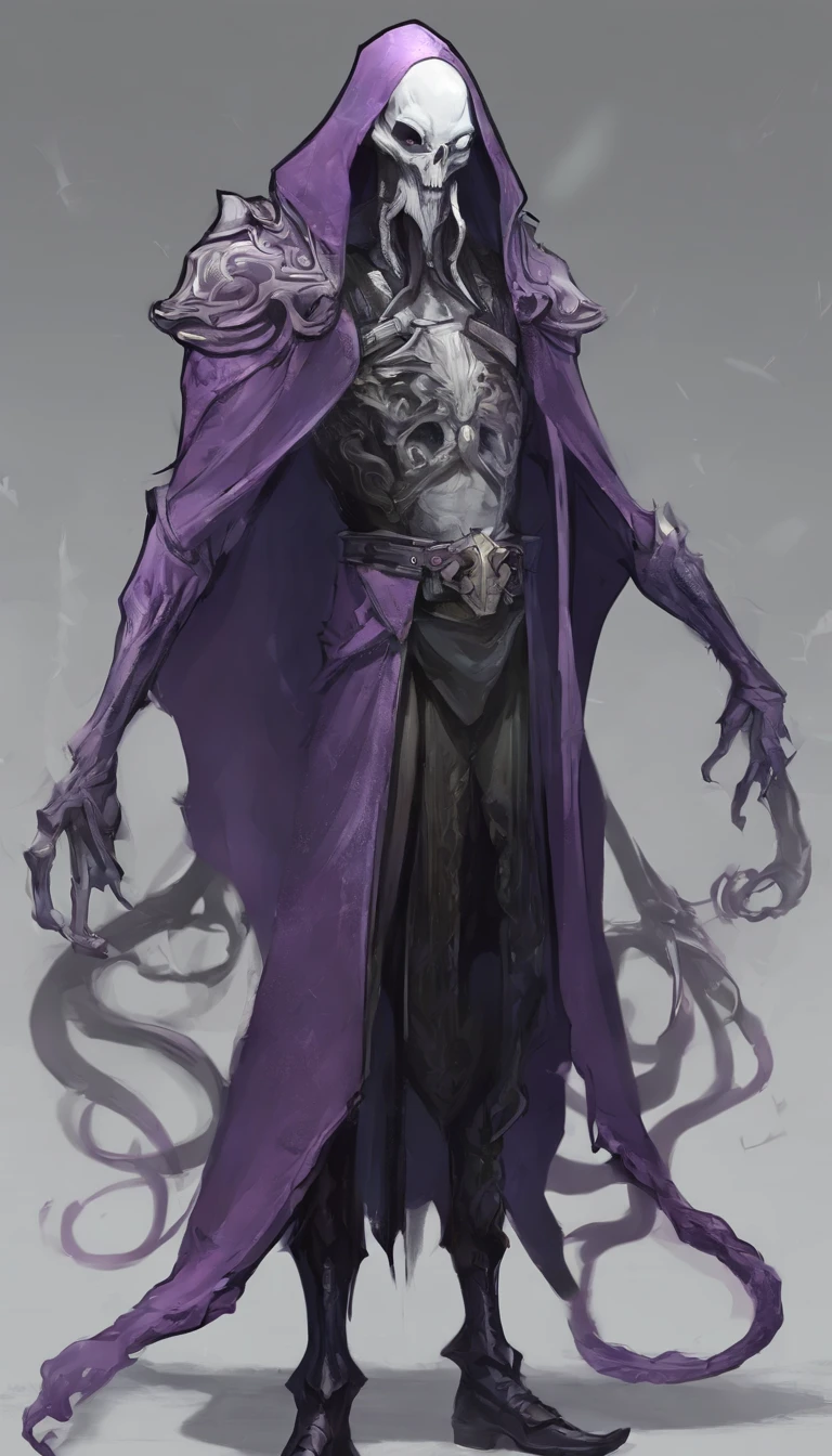Mind flayer,Inspired by Dungeons & Dragons,Full body concept art illustration of Mind Flayer。The character has human-like proportions,tall、slim and muscular。The character has 4 tentacles extending from its chin,Light purple skin,Almost Blue。The character is dressed in exquisite、Luxurious white academic robes and ornate leather boots。Background is blank