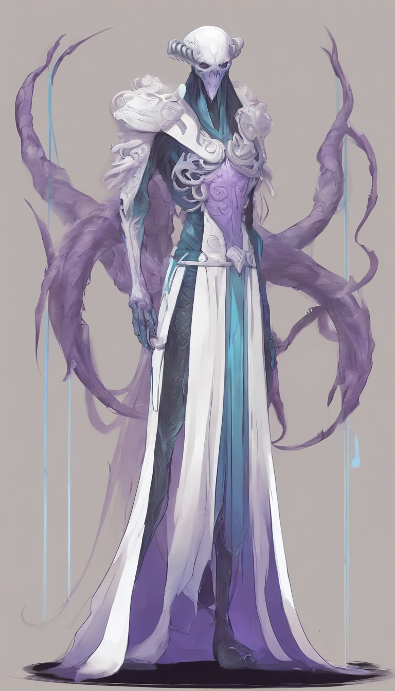 Mind flayer，Inspired by Dungeons & Dragons，Full body concept art illustration of Mind Flayer。The character has human-like proportions，tall、slim and muscular。The character has 4 tentacles extending from its chin，Light purple skin，Almost Blue。The character is dressed in exquisite、Luxurious white academic robes and ornate leather boots。Background is blank