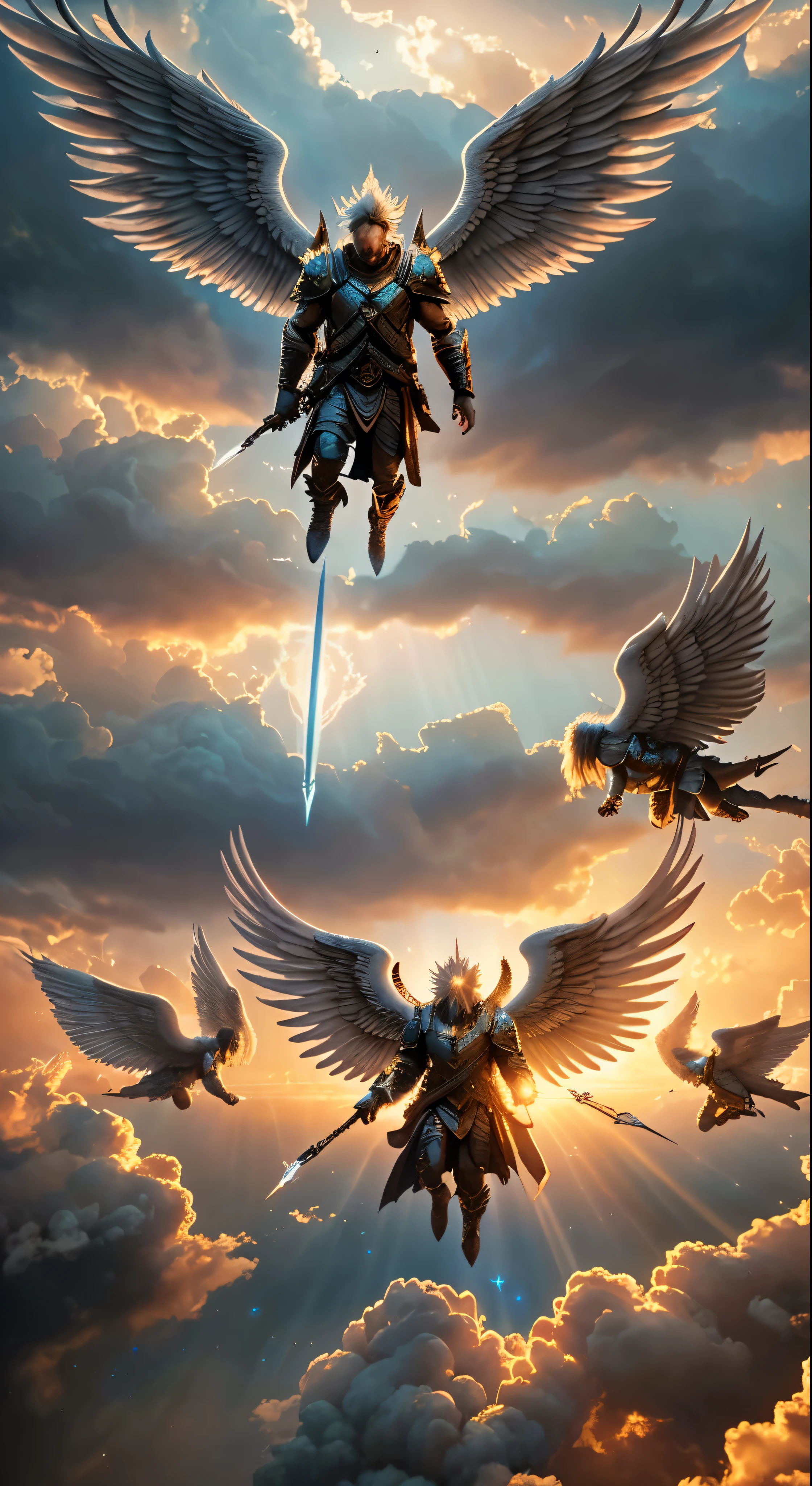 The Horde of Male Celestial Angels Descending from the Sky, realistic epic, soft cinematic portrait, Adobe Lightroom, Photo Lab, highly detailed, faded, (neutral colors: 1.2), (HDR: 1.4), (soft colors:1.2), hyperdetailed, (Artstation:1.4), cinematic, warm lights, dramatic light, (intricate details:1.1), complex background, (Rutkowski:0.66), (blue and orange:0.4)