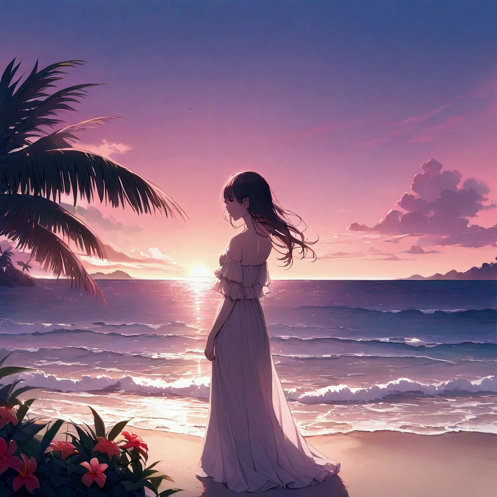 Summer, tropical flowers, pink sky, beach, woman, pop, light touch, pale light