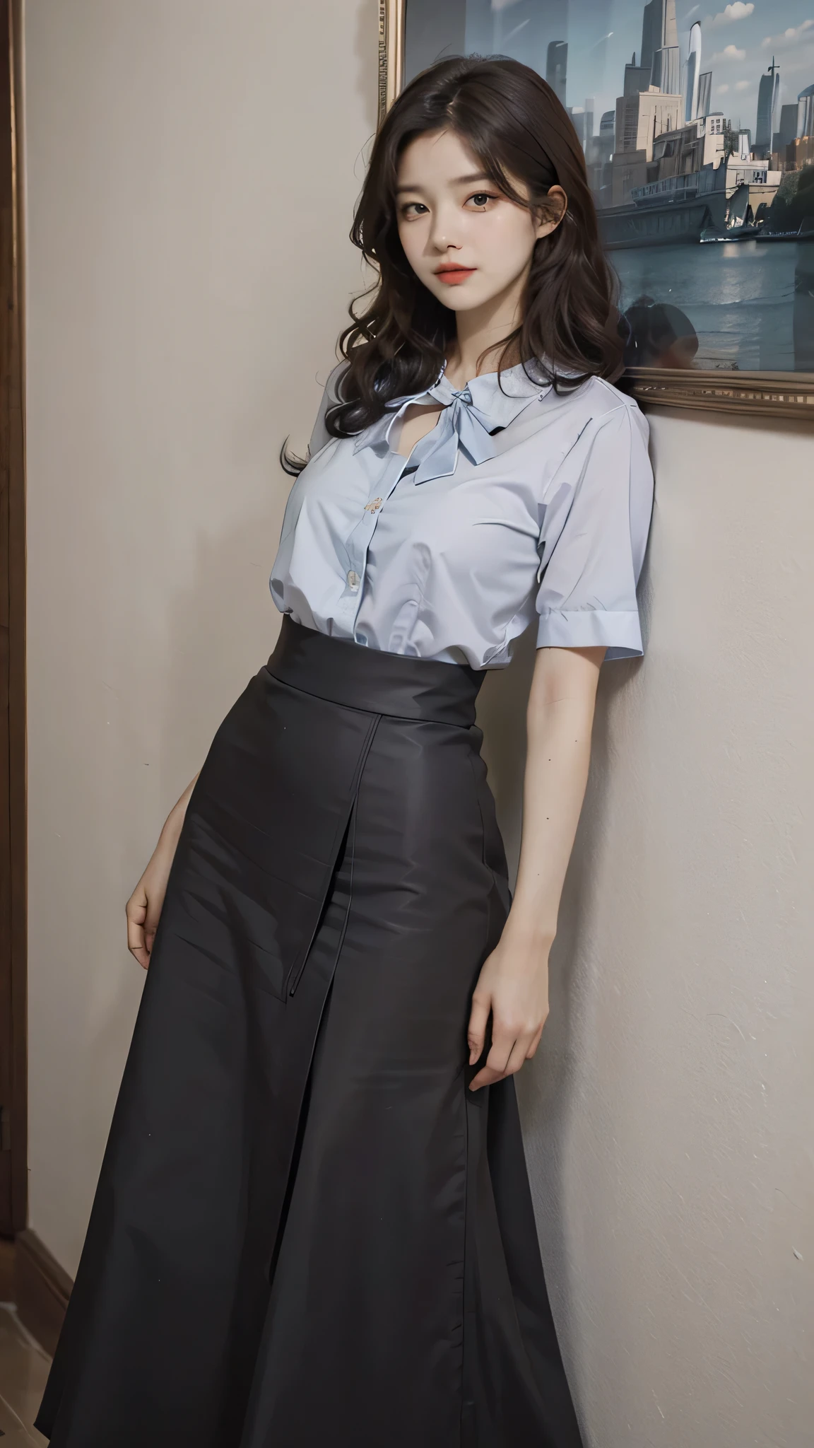 detailed background, masterpiece, best quality, 1 person , curly hair, long hair, purple eyes, star in eye , grey Strap blouse, long skirt, grey
