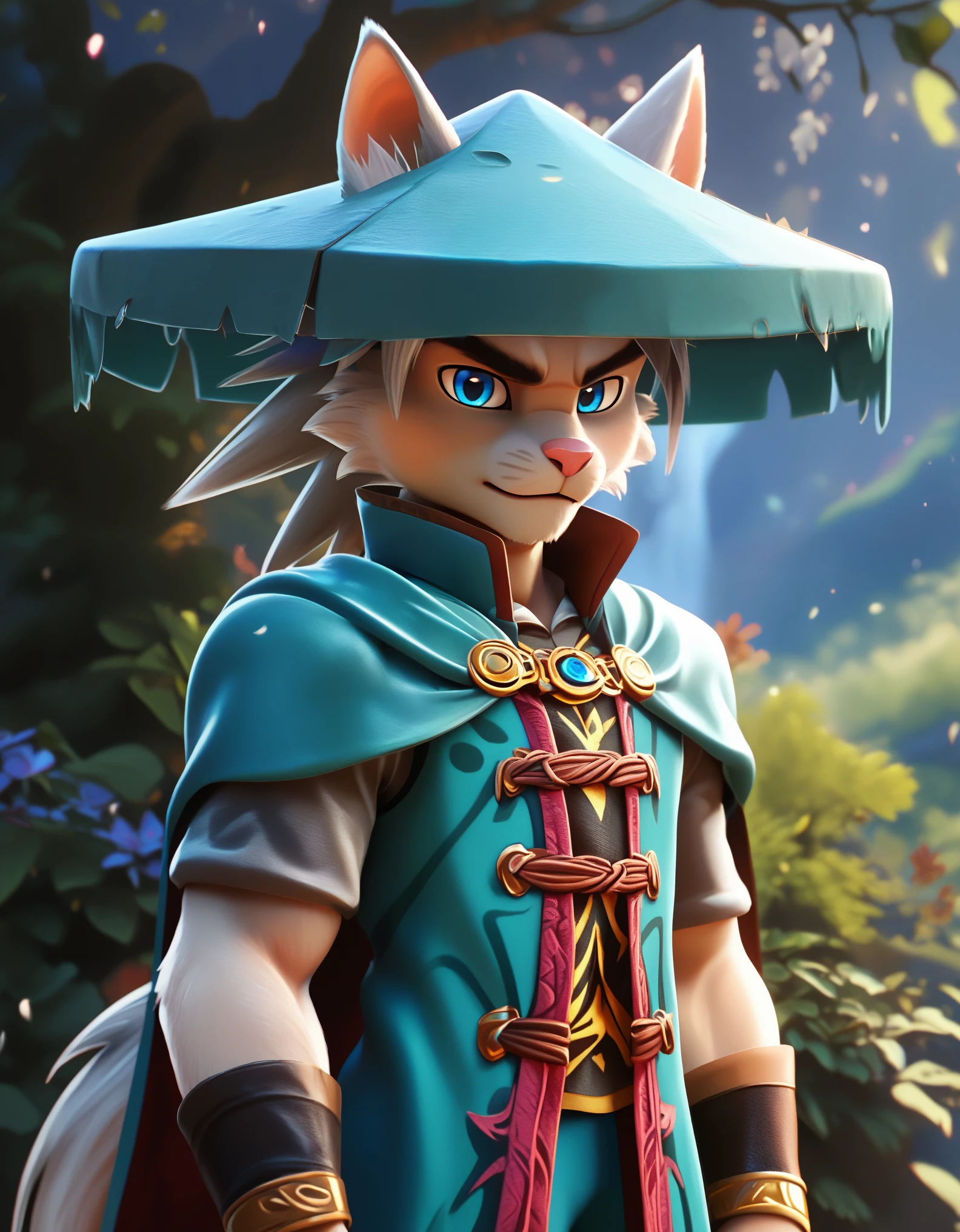 score_9, score_8_up, score_7_up, score_6_up, (du57aet, anthro, tail), ((male focus, 1boy, solo)), male, half-length portrait, blue eyes, hat, cape, vest,  forest background 