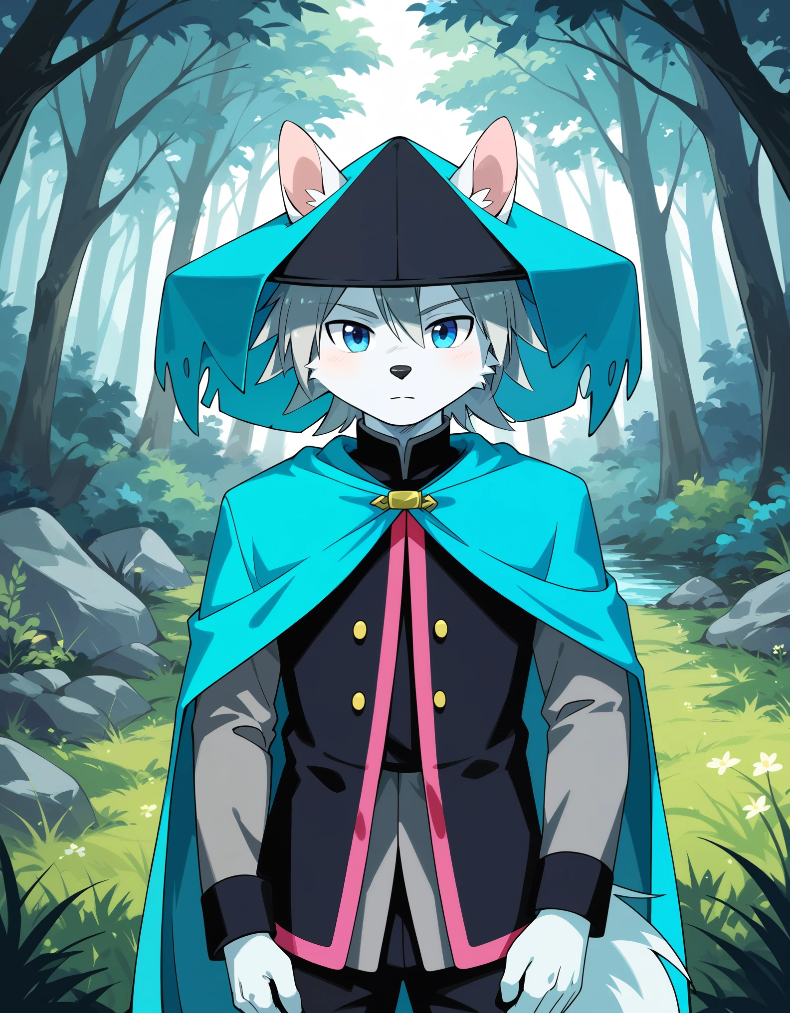 score_9, score_8_up, score_7_up, score_6_up, (du57aet, anthro, tail), ((male focus, 1boy, solo)), male, half-length portrait, blue eyes, hat, cape, vest, forest background 