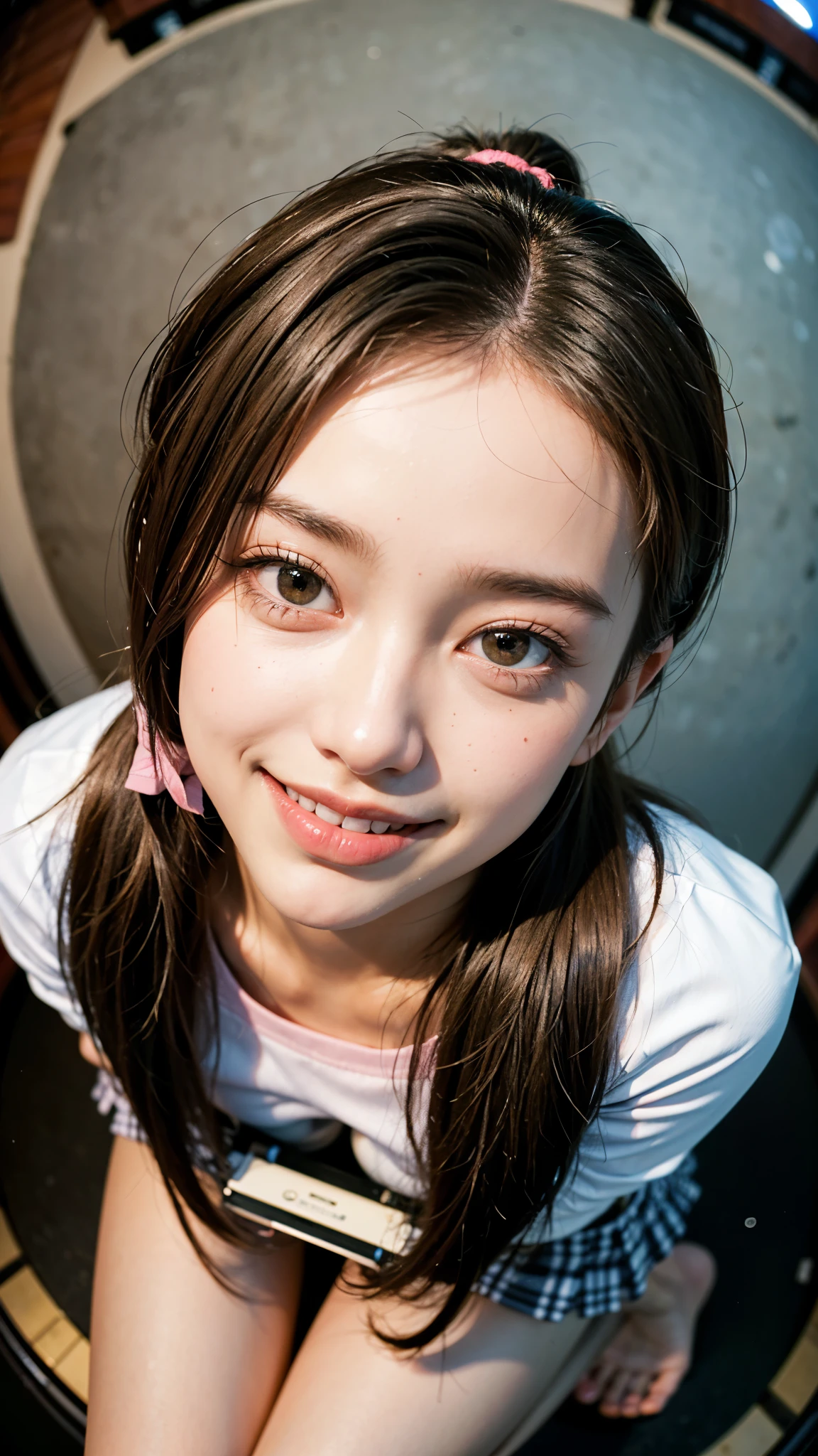 Highest quality, masterpiece, 4K Ultra High Resolution,Detailed face:1.6,(((Face Focus:1.6))) (Realistic:1.6), (Portrait of a man kneeling with legs apart) RAW Photos, 1 girl, 20-year-old,((Bra top and light pink checked uniform miniskirt)),((Ponytail and hair tie)),,((Looking up at the audience)),((Image Media Chest)),((Smiling with teeth showing)),((Shooting from above with a fisheye lens:1.4))