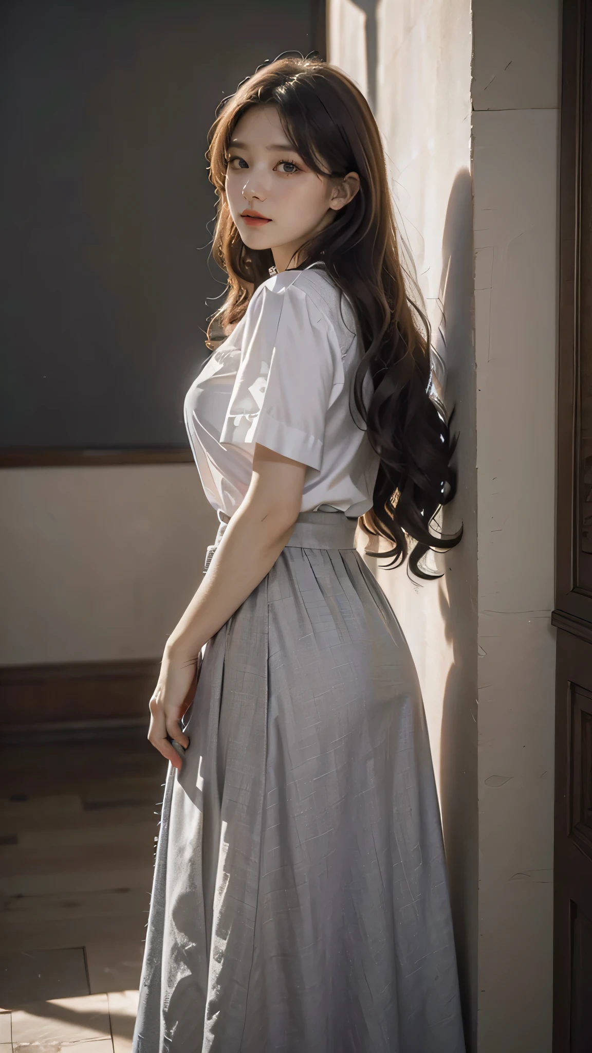 detailed background, masterpiece, best quality, 1 person , curly hair, long hair, purple eyes, star in eye , grey Strap blouse, long skirt, grey