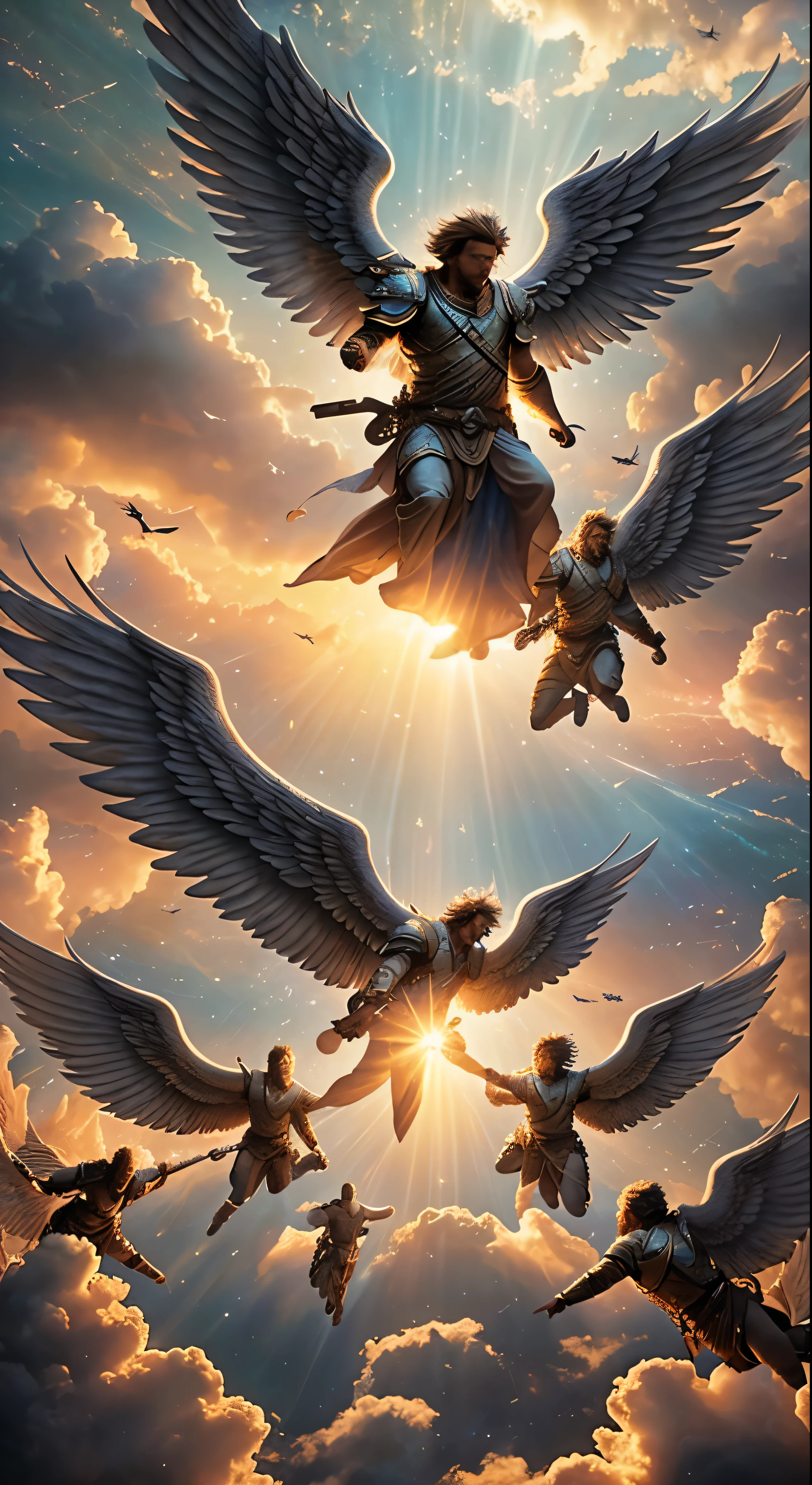 The Horde of Male Celestial Angels Descending from the Sky, realistic epic, soft cinematic portrait, Adobe Lightroom, Photo Lab, highly detailed, faded, (neutral colors: 1.2), (HDR: 1.4), (soft colors:1.2), hyperdetailed, (Artstation:1.4), cinematic, warm lights, dramatic light, (intricate details:1.1), complex background, (Rutkowski:0.66), (blue and orange:0.4)