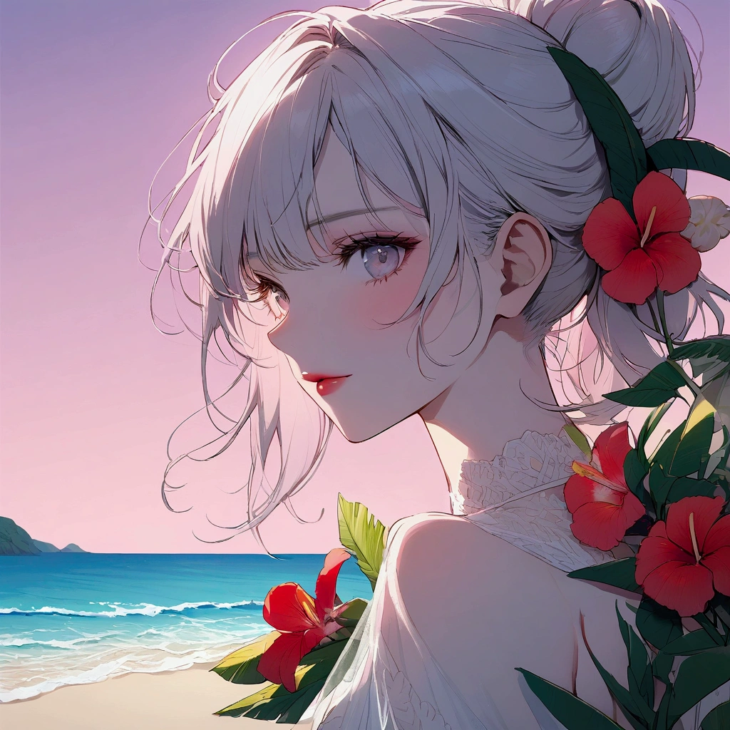 Summer, tropical flowers, pink sky, beach, woman, pop, light touch, pale light