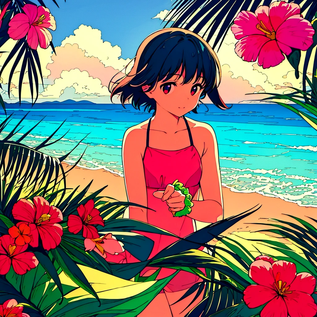 Summer, tropical flowers, pink sky, beach, woman, pop, light touch, pale light