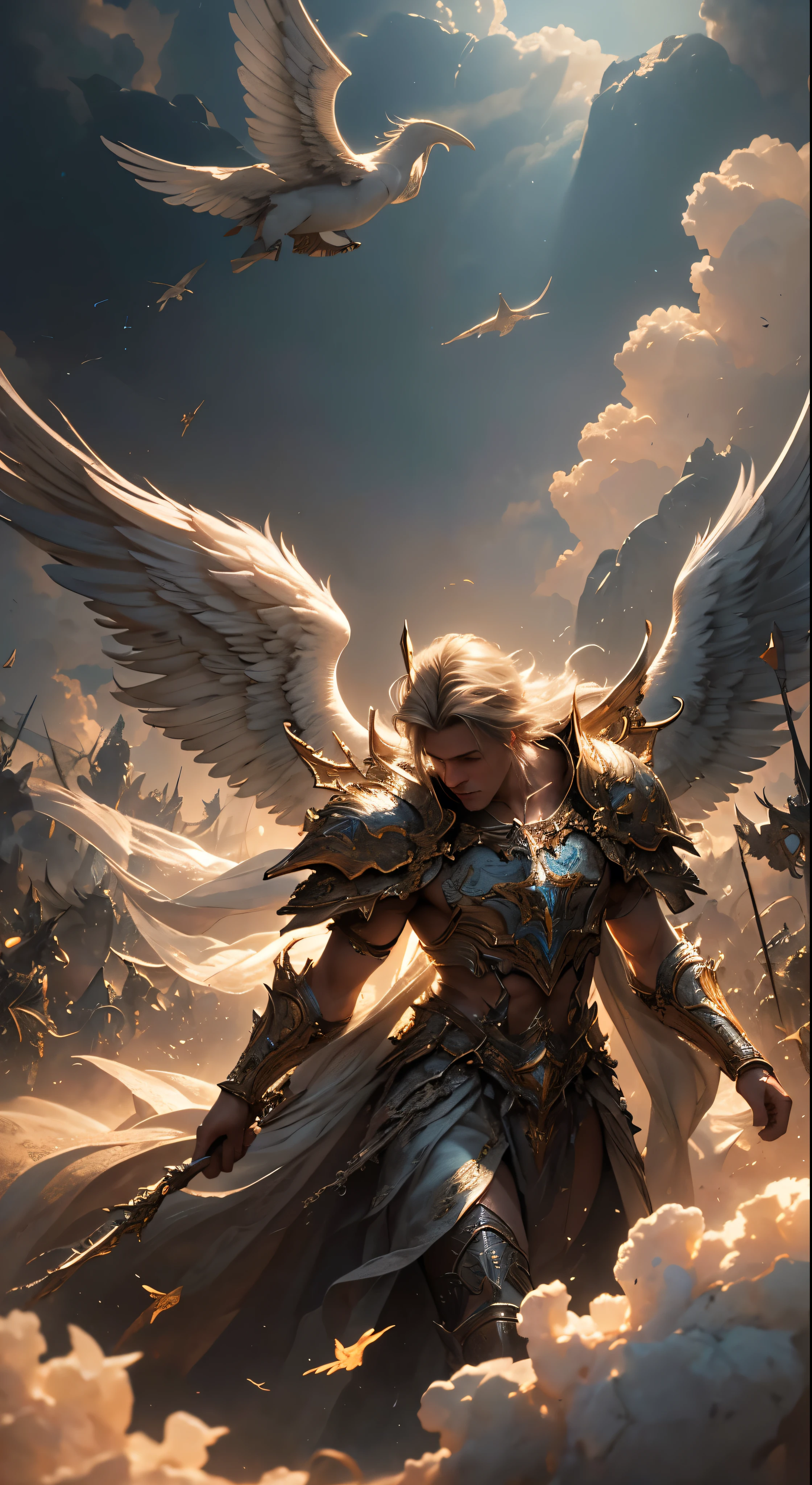 The Horde of Male Celestial Angels Descending from the Sky, realistic epic, soft cinematic portrait, Adobe Lightroom, Photo Lab, highly detailed, faded, (neutral colors: 1.2), (HDR: 1.4), (soft colors:1.2), hyperdetailed, (Artstation:1.4), cinematic, warm lights, dramatic light, (intricate details:1.1), complex background, (Rutkowski:0.66), (blue and orange:0.4)