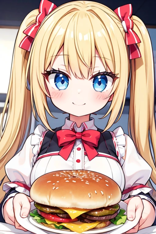 嬉しそうなsmile,Eat a layered hamburger steak,big Hamburg,Cola,Highest quality,Blonde with blue eyes、****ta、Small breasts、Twin tails、girl&#39;enjoy,smile,bonnet,