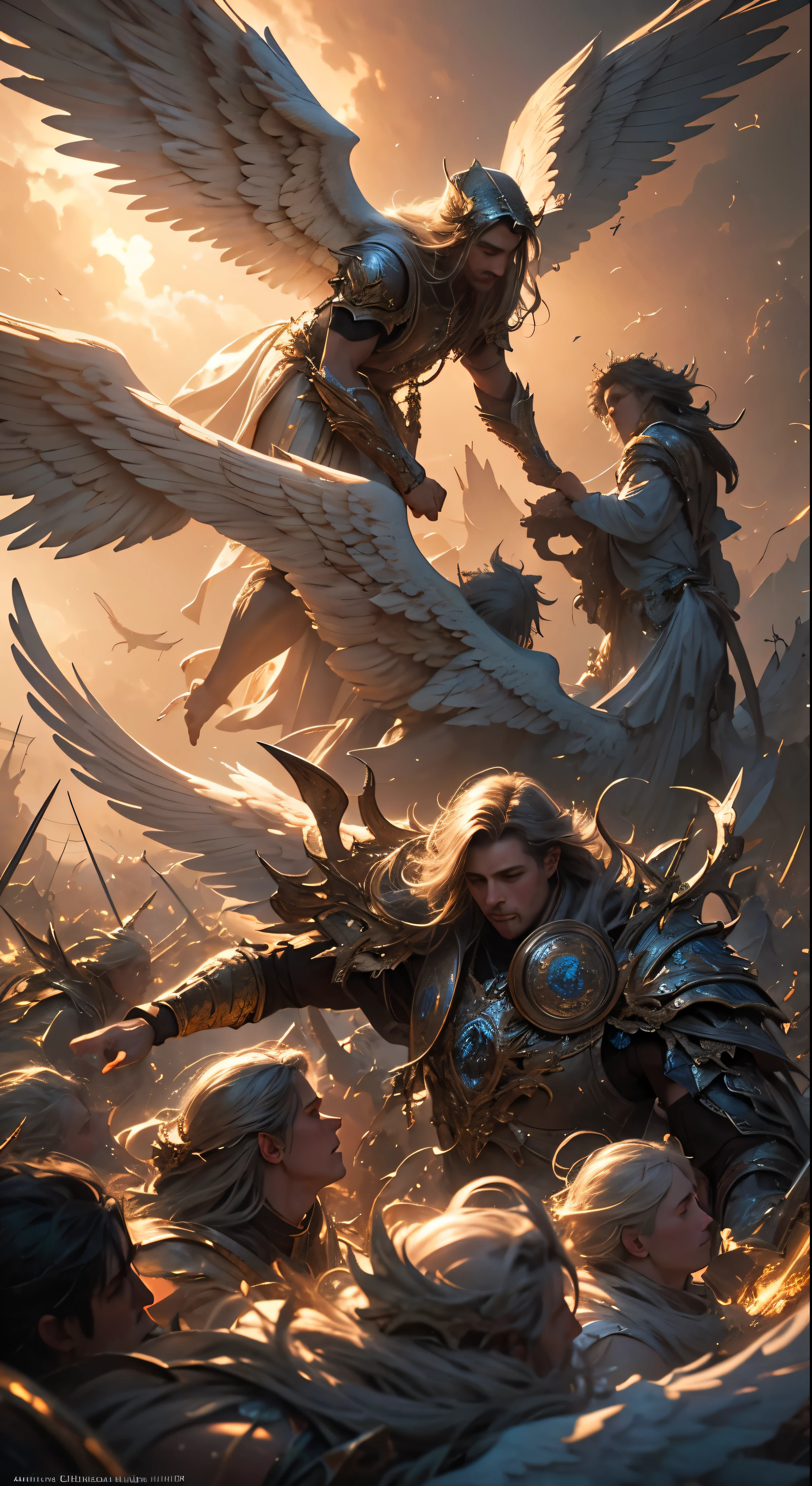 The Horde of Male Celestial Angels Descending from the Sky, realistic epic, soft cinematic portrait, Adobe Lightroom, Photo Lab, highly detailed, faded, (neutral colors: 1.2), (HDR: 1.4), (soft colors:1.2), hyperdetailed, (Artstation:1.4), cinematic, warm lights, dramatic light, (intricate details:1.1), complex background, (Rutkowski:0.66), (blue and orange:0.4)