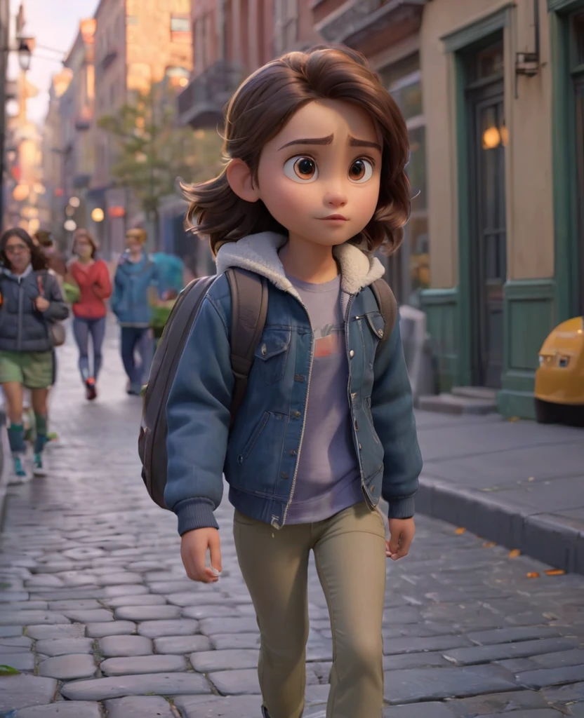 A handsome youngster walking down the street. Little muscle toned physique is walking with a girl, hand in hand. Wearing a jacket. High-quality pixar image. Hdr 4K.