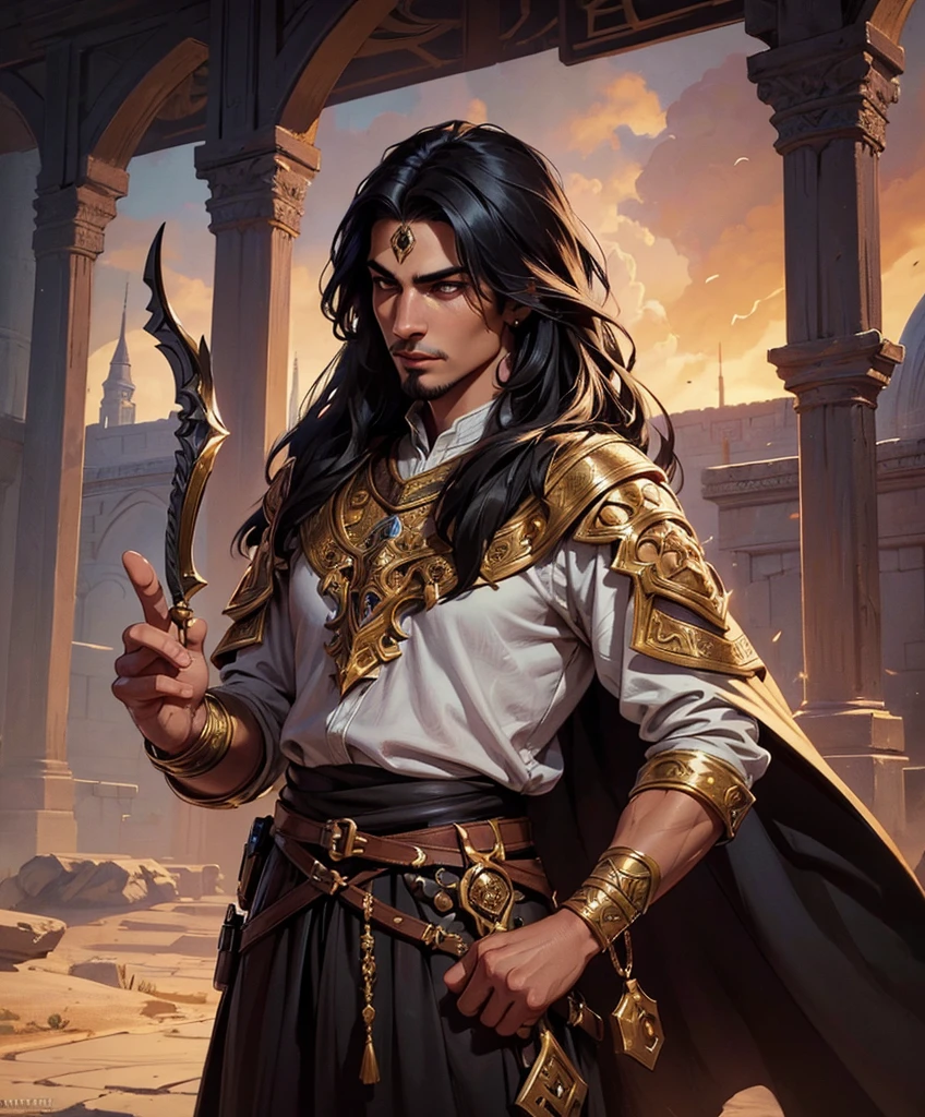  (((1boy))) (((Solo focus)))  Design an incredibly handsome male fantasy character in traditional dark, medieval fantasy attire.  He looks Arabic.  Looks Middle Eastern.  (((Very sexy male ethnic features.)))  Long black hair in unique and memorable style.  Powerful stare.  gothic art, Dungeons & Dragons character portrait, intricate details, ultra detailed, ultra detailed clothes, ultra epic masterpiece, ultra detailed, intricate details, award winning, fantasy art concept masterpiece, trending on Artstation, digital art, unreal engine, 8k, ultra HD, centered image masterpiece:1.2, photorealistic:1.2, girl focus, volumetric lighting, glossy skin, shiny skin, 