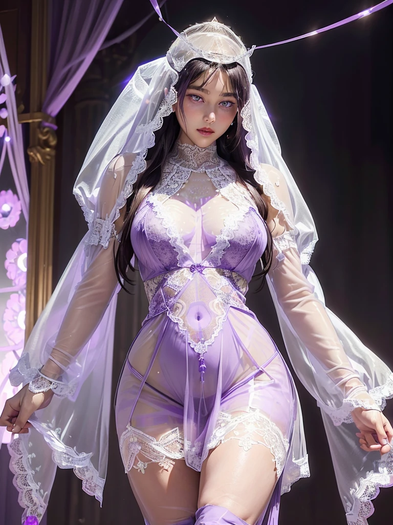 (Canon RF85mmf/1.2), (8ก, RAW Photos, Highest quality), (masterpiece), (Realistic, photograph Realistic), (Very detailed, Very detailedな, Best image quality, Amazing details, High resolution, Very detailed, Very detailedな, Very delicate and beautiful work.), Beautiful girl with details, Solo Girl, ((Perfect shape)), Very detailed eyes and face, White skin, Noble Beauty, ((Fine texture, Hair follicle)), (((Anatomically correct body、Realisticな四肢))), Beautiful details down to the last detail、, (Narrow waist, Very big ass), (胸のサイズはBig Breasts、), (Hip Up:1.3), (Cute Face,round face)、(Sexy gaze, Glowing Eyes,Beautiful and clear eyes), (Long Hair、), (smile:1.0), (Attractive look), (attractive appearance), ((Expensive and sexy light purple see-through queen lace dress:1.8)), (crown diamond gear), (Diamond Necklace, Diamond Earrings), ((Midnight in a luxurious palace, moonlight)), Physical Rendering, Realistic light, (((Upper Body:1.3))), ((Glance at the viewer:1.3)), ((stand)), ((from the front))、One Japanese girl,Asian features、18-year-old、 dynamic post, Dynamic Angle,Dark purple lingerie、Dark purple underwear、Breast in pregnant women、Milk dripping from her lingerie、Round face、Chubby、Very large breasts、Big Breasts、obesity、The groin area is very swollen、