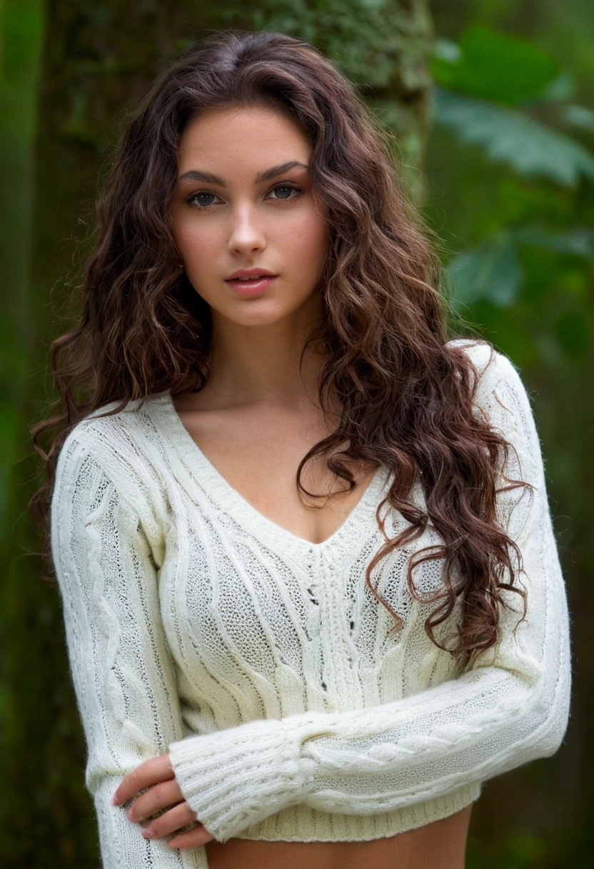 Best quality, only one person, One gorgeous brunet woman with long wavy hair wearing a very short and very tight white wool virgin killer sweater, the sweater is cut very low in the back and shows a lot of skin on the side, 23 years old, she is a playboy magazine model, her hands are out of the camera frame, looking over shoulder, beautiful face, very small buttox, small ass, slender figure, slender legs, wet vagina, shiny vagina, full shot, canon 85 mm, Light depth of field, perfect fit body, extreme details , UHD, wearing no underwear, ass showing, buttox showing, shiny skin, slender thighs, wet inner thighs ,very small hips, perfect lips, perfect face, in a fantasy forest