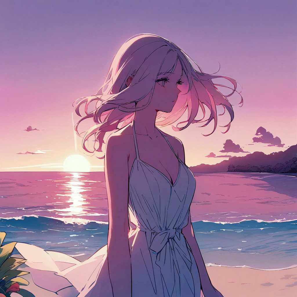 Summer, tropical flowers, pink sky, beach, woman, pop, clear lines, pale light