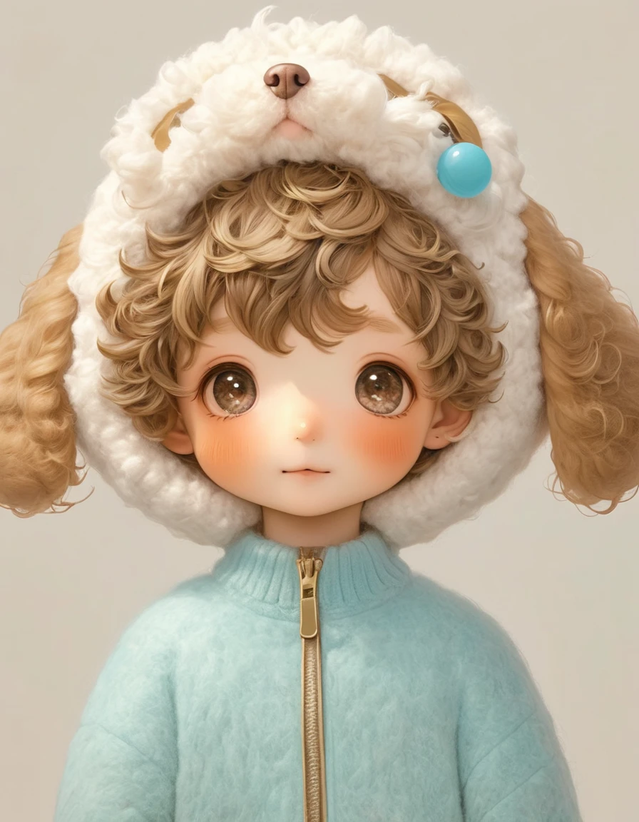 (masterpiece, best quality:1.2), 1 boy, with dog hat, Solitary, hairy，Wool Curls，Gold Theme, longeyelashes, solid circle eyes, light smile, ccurate, eye reflection, aqua eyes, blush, laughing, brown hair, dog ears, short hair, Surrealism, drop shadow, stereogram, tachi-e, pov, blind box toy style, 8k, super detail, best quality