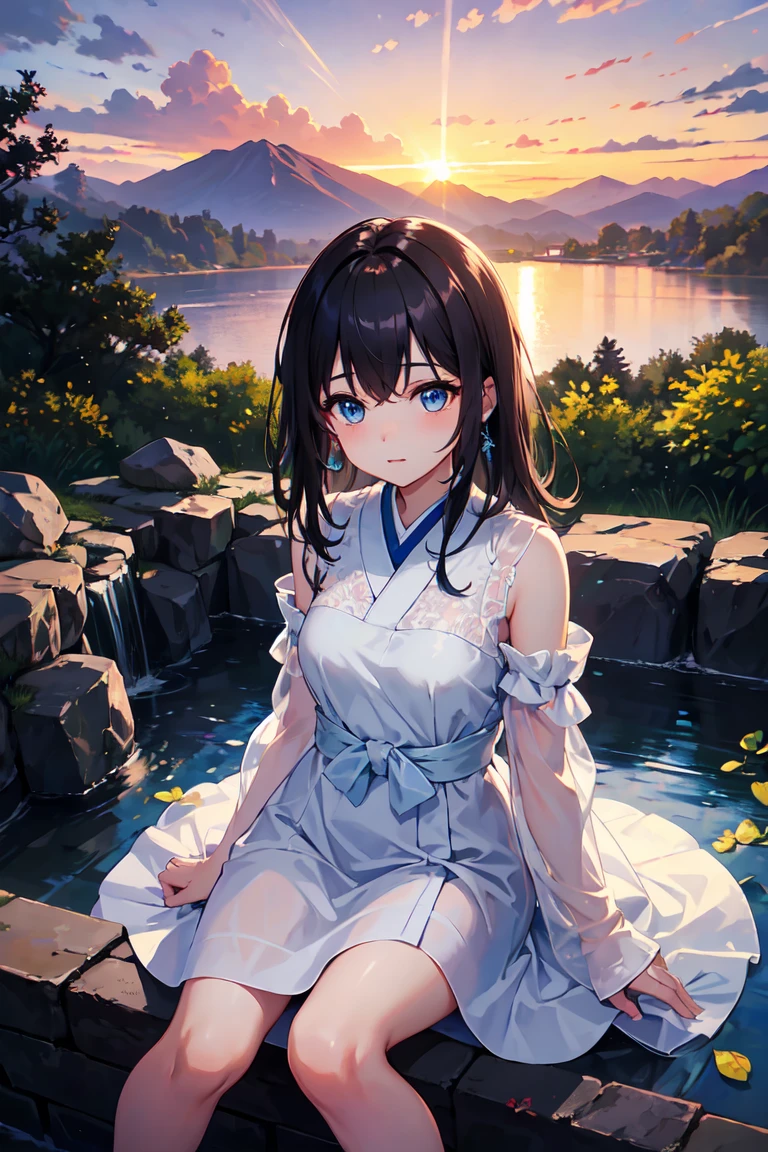 Highest quality、Very delicate and beautiful、masterpiece、Ultra-high resolution、sunset、evening、18-year-old 、Japanese、、Black-haired、blue eyes、Glowing Skin、valley、White Dress、Hot Spring Town、Green Mountain