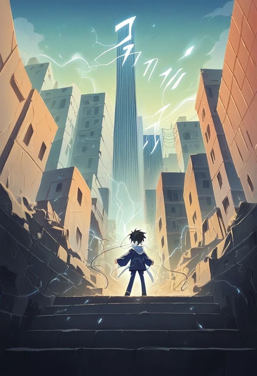 (17-year-old youth,Blue-black lightning particles are emitted around the soul body.), 3D Rendering, Movie special effects, Movie Lighting, City in ruins, HD, 8K resolution, Very detailed, Digital Painting, Concept Art, Shinkai Makoto style, Pop music Pop musicularization trend, Pop music, Pop music trend, Pop music trend on pixiv.