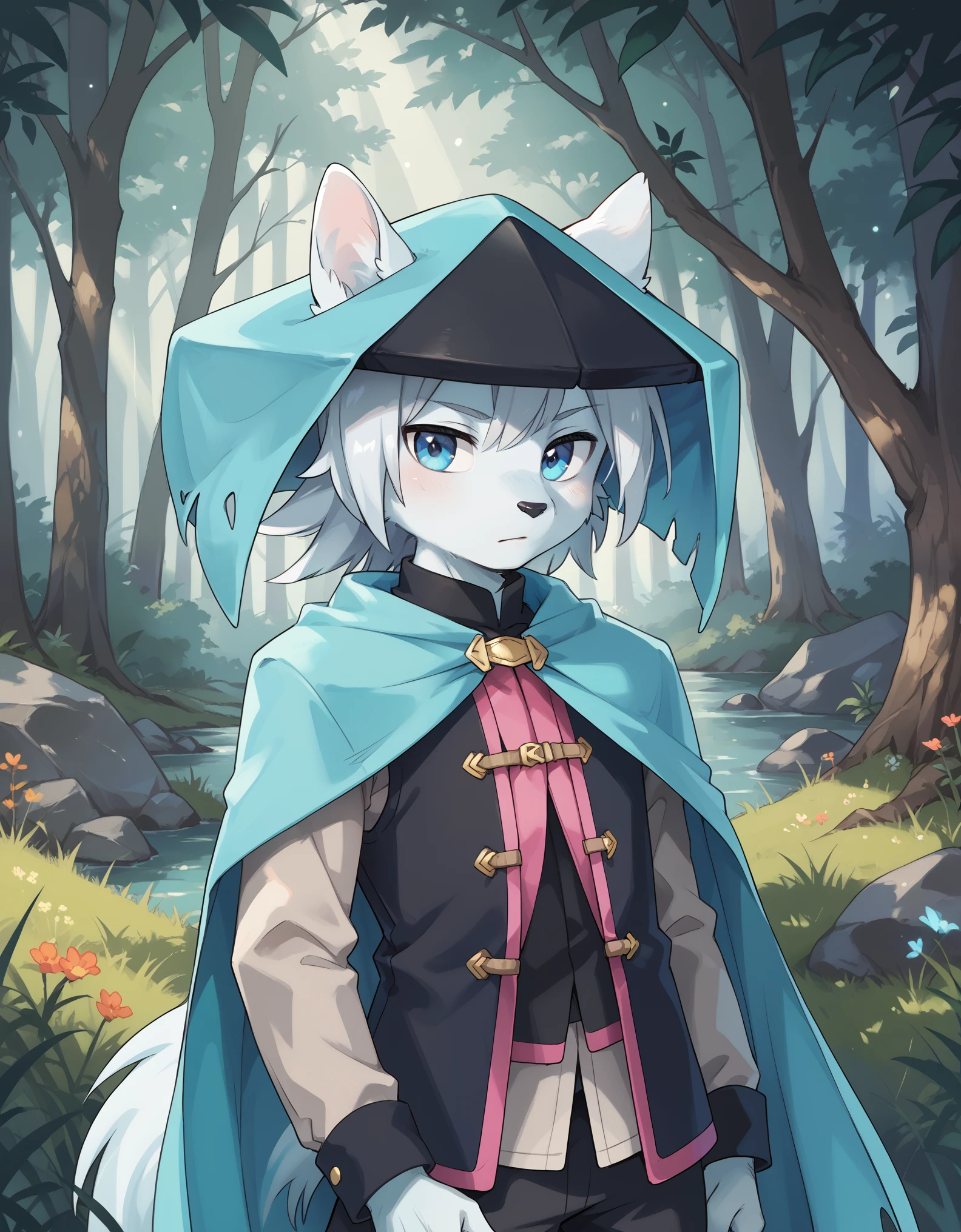 score_9, score_8_up, score_7_up, score_6_up, (du57aet, anthro, tail), ((male focus, 1boy, solo)), male, half-length portrait, blue eyes, hat, cape, vest,  forest background 