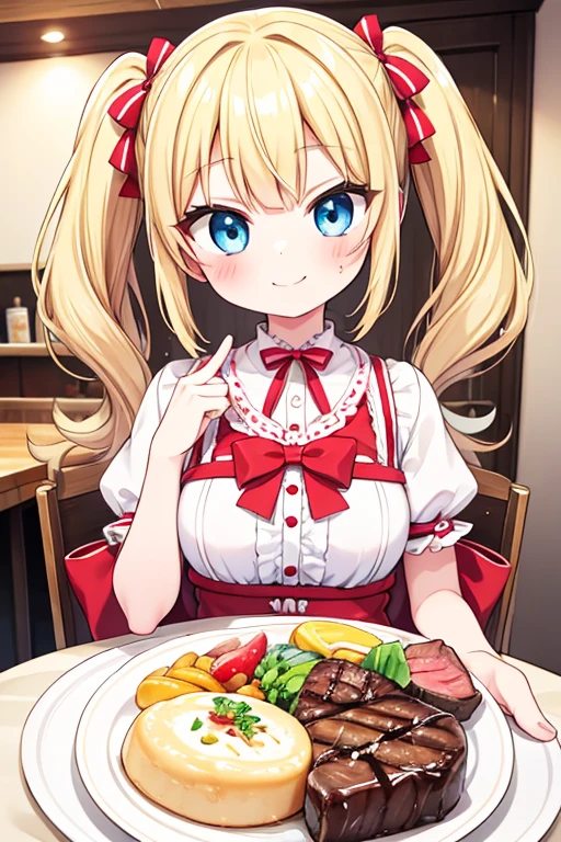 嬉しそうなsmile,Eat a multi-layered steak,big steak,Cola,Highest quality,Blonde with blue eyes、Lolita、Small breasts、Twin tails、girl&#39;enjoy,smile,bonnet,