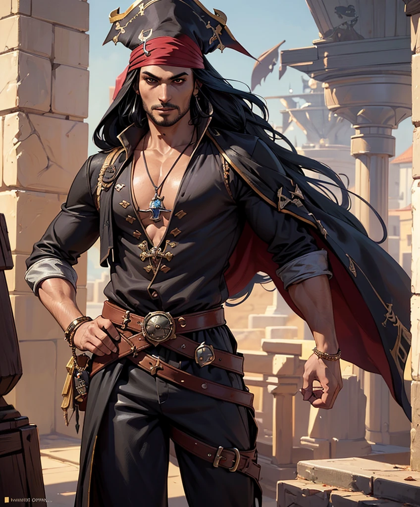  (((1boy))) (((Solo focus)))  Design an incredibly handsome male fantasy character in traditional dark, medieval fantasy attire.  He looks Arabic.  Looks Middle Eastern.  (((Very sexy male ethnic features.)))  (((Sexy pirate shirt and pirate pants.))) Long black hair in unique and memorable style.  Powerful stare.  gothic art, Dungeons & Dragons character portrait, intricate details, ultra detailed, ultra detailed clothes, ultra epic masterpiece, ultra detailed, intricate details, award winning, fantasy art concept masterpiece, trending on Artstation, digital art, unreal engine, 8k, ultra HD, centered image masterpiece:1.2, photorealistic:1.2, girl focus, volumetric lighting, glossy skin, shiny skin, 