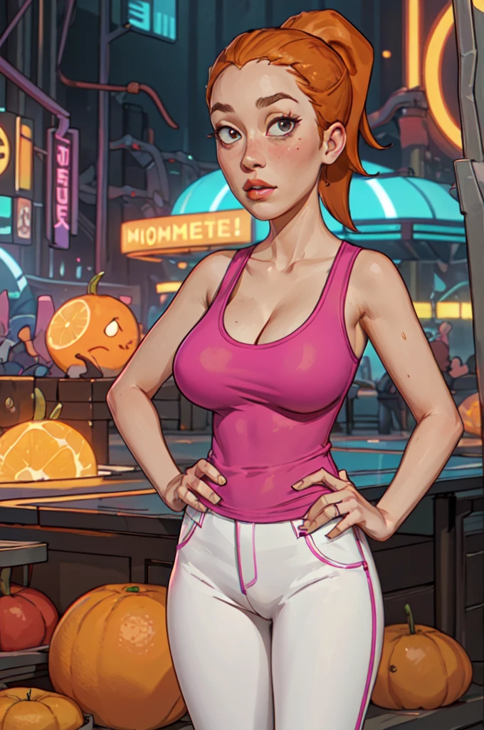 summer.smith, orange hair, 1girl, ponytail, solo, pink tank top, white pants,enormous massive gigantic big large fat absurde breasts,looking at viewer,standing, upper body, hand on hip,