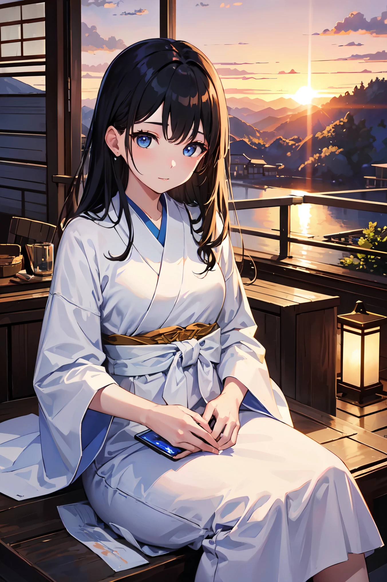 Highest quality、Very delicate and beautiful、masterpiece、Ultra-high resolution、sunset、evening、18-year-old 、Japanese、、Black-haired、blue eyes、Glowing Skin、valley、White Dress、Hot Spring Town、Green Mountain