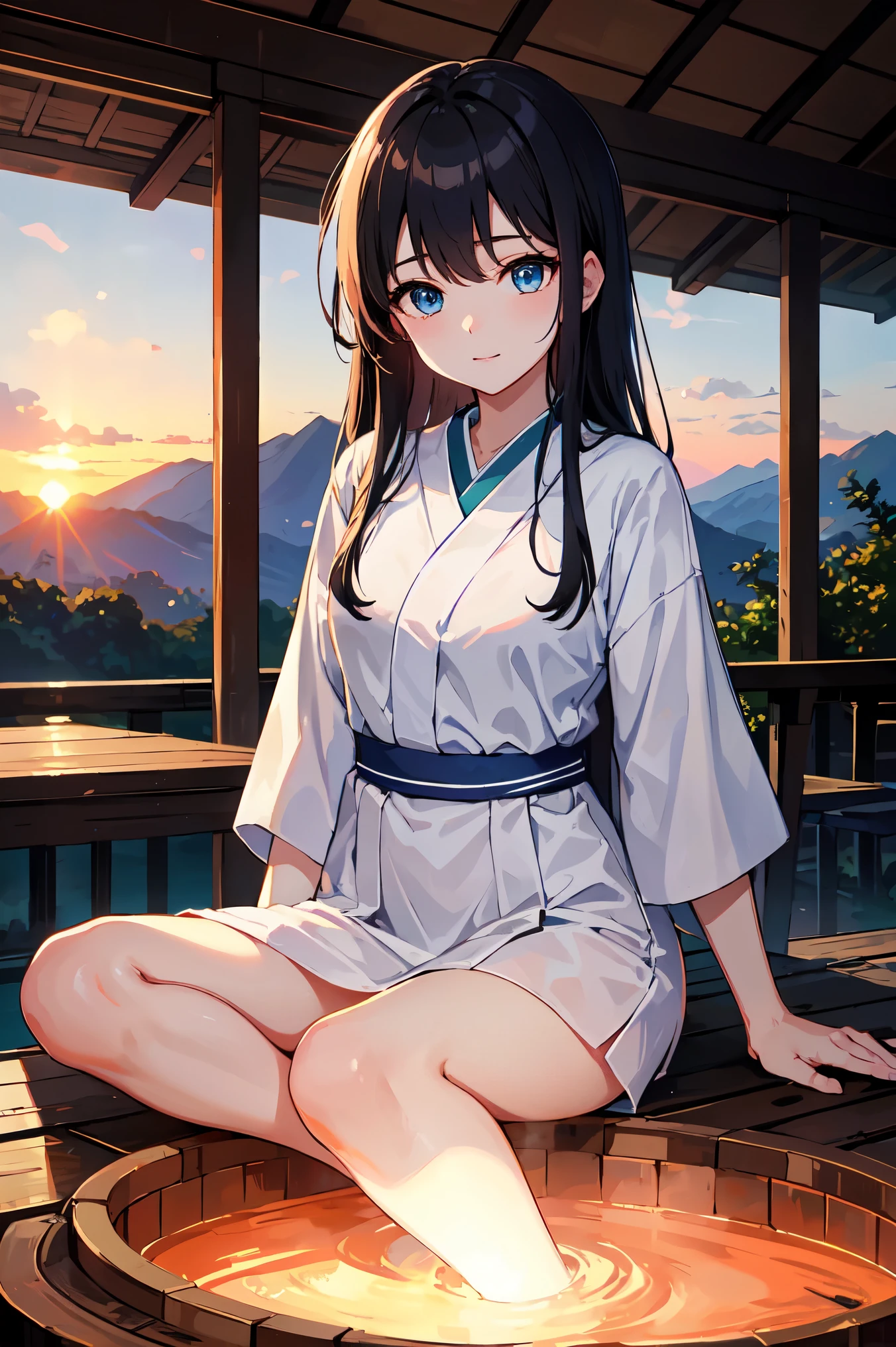 Highest quality、Very delicate and beautiful、masterpiece、Ultra-high resolution、sunset、evening、18-year-old 、Japanese、、Black-haired、blue eyes、Glowing Skin、valley、White Dress、Hot Spring Town、Green Mountain