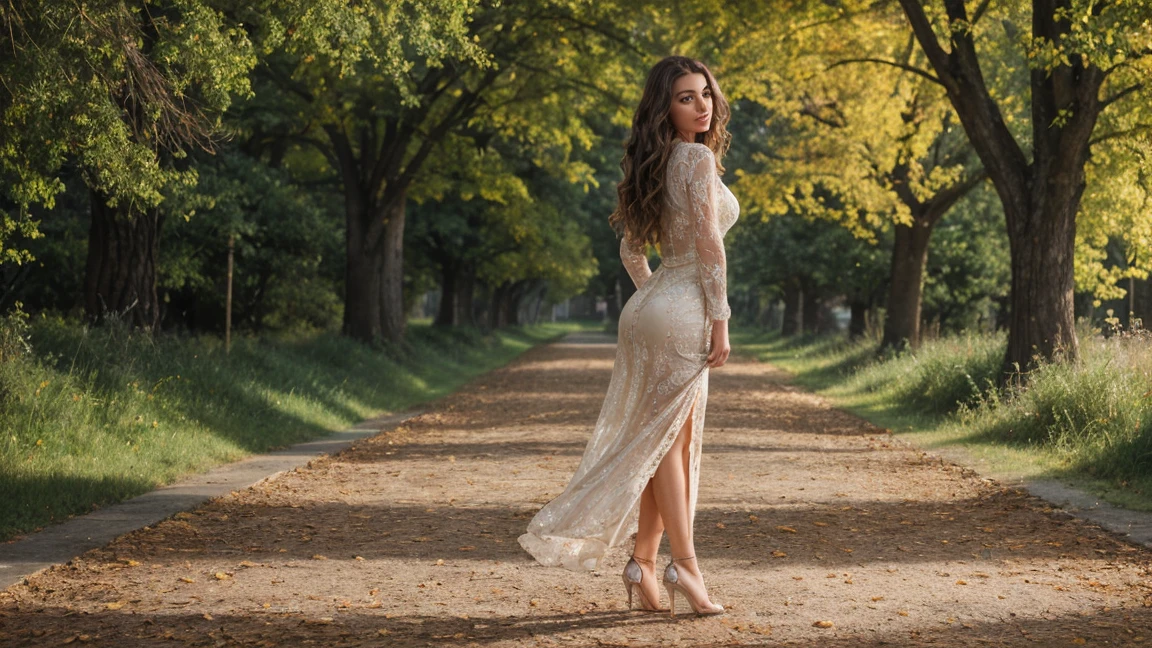Photo of a Brunette model, exuding sexiness, in an ultra-detailed sexy pappy seed color dress, outside context with a lens set at f/1.8, portraying a very realistic image. Her long wavy brown hair cascades down in tight curls, framing her slender figure. Her little heels add an alluring touch to the scene, completing the image with an air of sophistication and charm. Ultra high definition, 8K resolution, Canon EOS R6 with a 35mm Lens, boasting rich colors and hyper-realistic texture, captures every intricate detail of this stunning scene.
