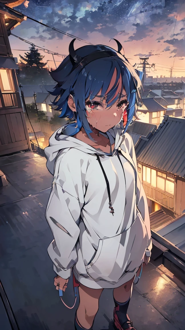 masterpiece, Highest quality, High resolution, Very detailed,(((Mikoto Naruka))), (((On the roof of an apartment building)))、(((electric wire)))、(((Are crying。)))、(((Standing in the distance))), (((Wearing a black hoodie。))), Electric pole, night, (((Starry Sky))), (((fence)))