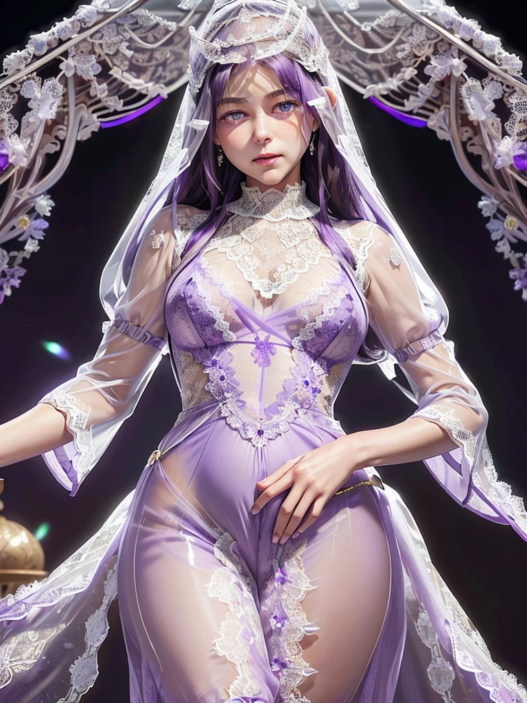 (Canon RF85mmf/1.2), (8ก, RAW Photos, Highest quality), (masterpiece), (Realistic, photograph Realistic), (Very detailed, Very detailedな, Best image quality, Amazing details, High resolution, Very detailed, Very detailedな, Very delicate and beautiful work.), Beautiful girl with details, Solo Girl, ((Perfect shape)), Very detailed eyes and face, White skin, Noble Beauty, ((Fine texture, Hair follicle)), (((Anatomically correct body、Realisticな四肢))), Beautiful details down to the last detail、, (Narrow waist, Very big ass), (胸のサイズはBig Breasts、), (Hip Up:1.3), (Cute Face,round face)、(Sexy gaze, Glowing Eyes,Beautiful and clear eyes), (Long Hair、), (smile:1.0), (Attractive look), (attractive appearance), ((Expensive and sexy light purple see-through queen lace dress:1.8)), (crown diamond gear), (Diamond Necklace, Diamond Earrings), ((Midnight in a luxurious palace, moonlight)), Physical Rendering, Realistic light, (((Upper Body:1.3))), ((Glance at the viewer:1.3)), ((stand)), ((from the front))、One Japanese girl,Asian features、18-year-old、 dynamic post, Dynamic Angle,Dark purple lingerie、Dark purple underwear、Breast in pregnant women、Milk dripping from her lingerie、Round face、Chubby、Very large breasts、Big Breasts、obesity、The groin area is very swollen、Plump cheeks、