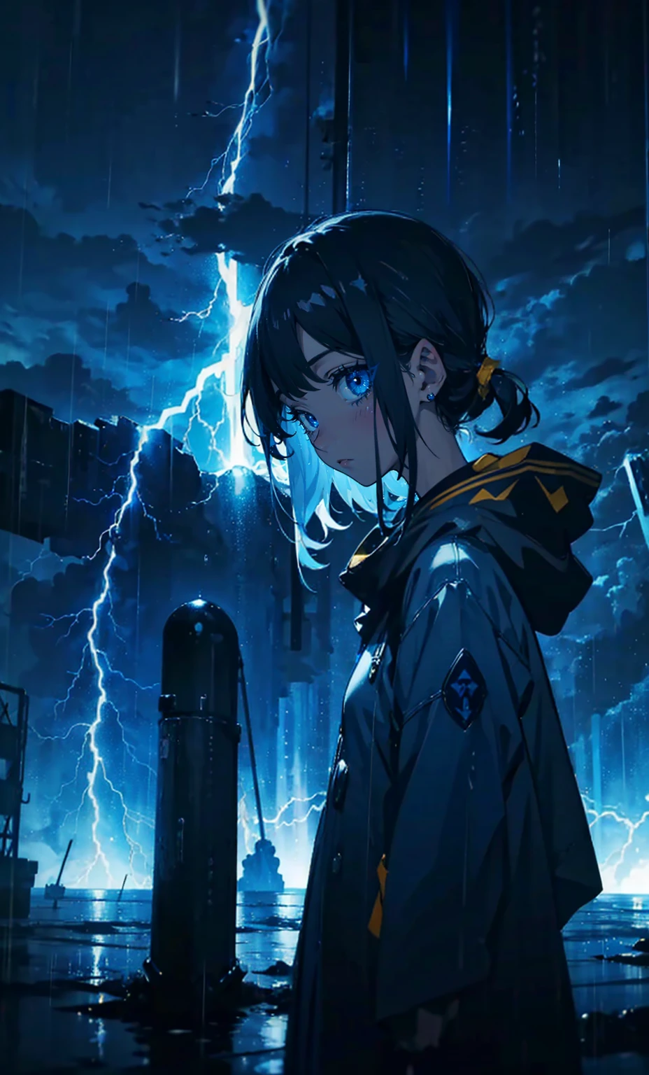 1girl,solo,cool,brilliant blue eyes,rainy,dark yellow,dark blue night,thunder