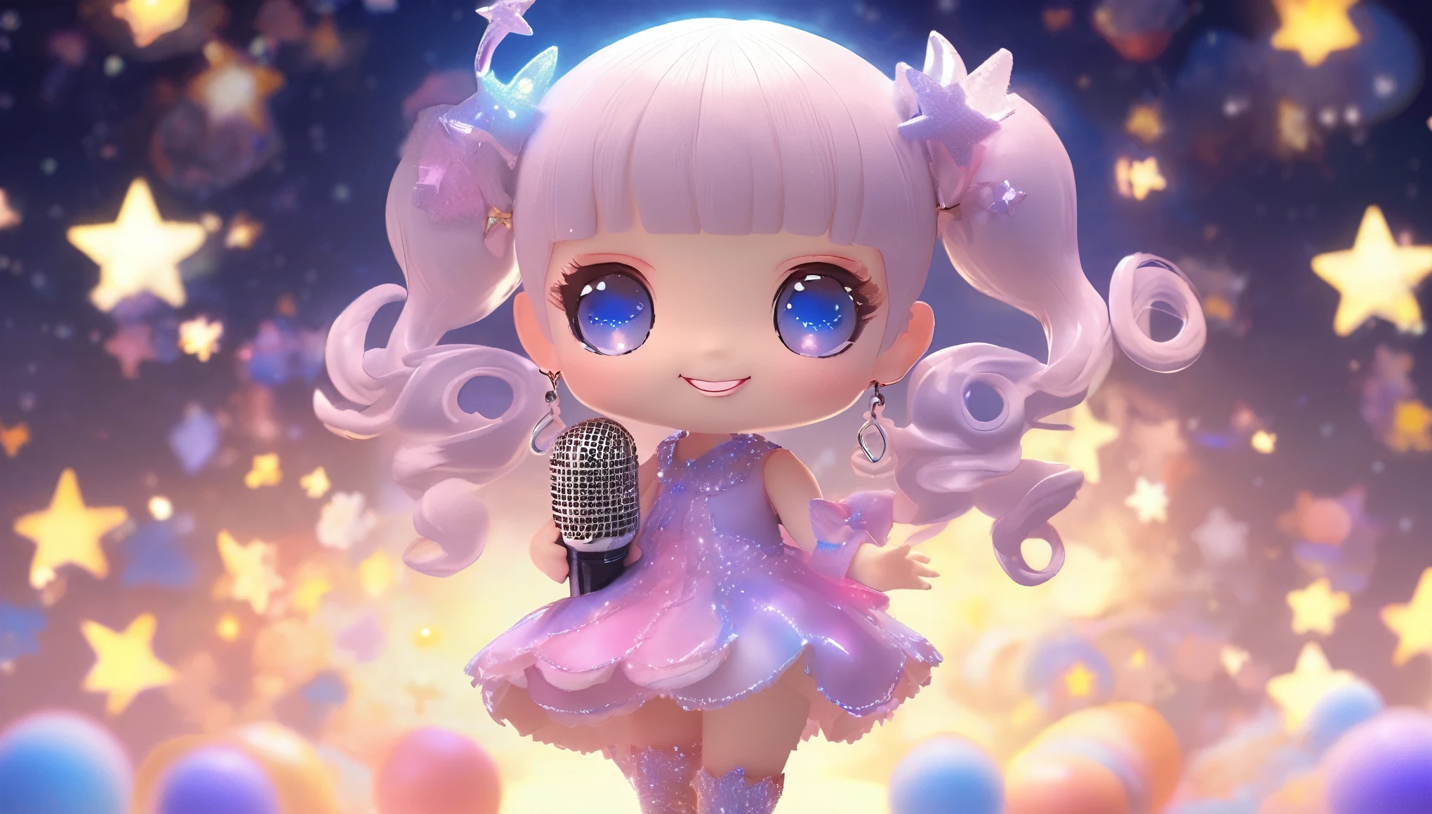 (Fractal Art:1.1)、(Dynamic Pose)、(Abstract Background:1.3)、Place a small doll on a circular stand、Cute pose、smile、Chibi Doll、Stars in the eyes(Sparkling)、Singing with microphone in hand、Raise your eyes、smile、Cute Shoes、Ultra Detail、Radiant Light、Bioluminescence、Strong bokeh、Shooting from the side