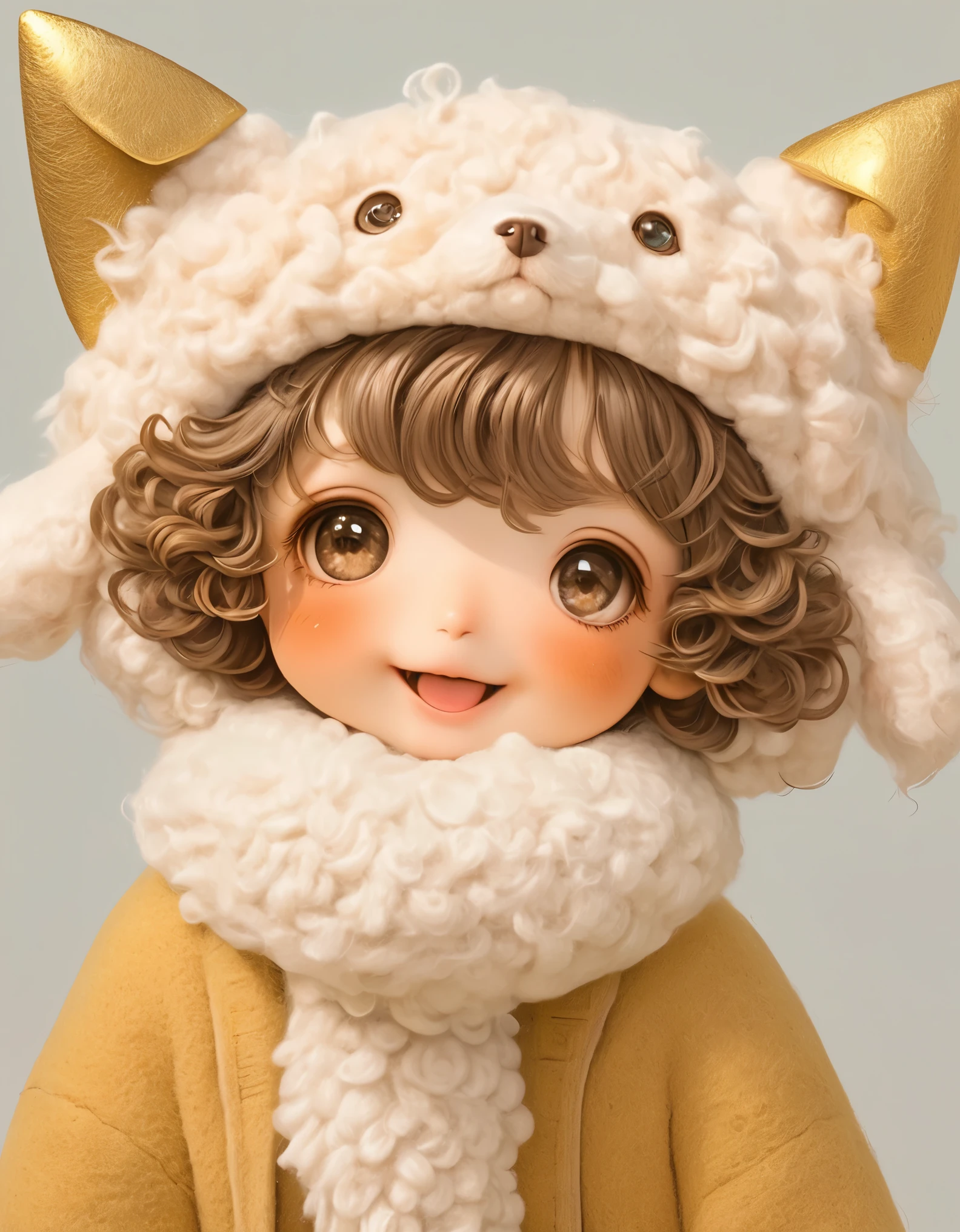 (masterpiece, best quality:1.2), 1 boy, with dog hat, Solitary, hairy,Wool Curls,Gold Theme, longeyelashes, solid circle eyes, light smile, ccurate, eye reflection, aqua eyes, blush, laughing, brown hair, dog ears, short hair, Surrealism, drop shadow, stereogram, tachi-e, pov, blind box toy style, 8k, super detail, best quality