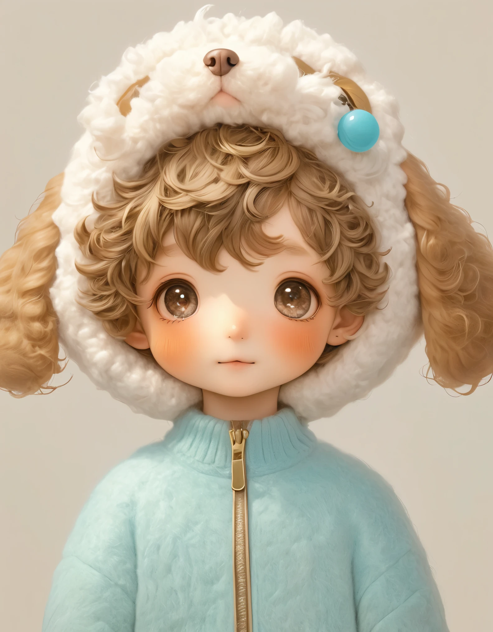 (masterpiece, best quality:1.2), 1 boy, with dog hat, Solitary, hairy,Wool Curls,Gold Theme, longeyelashes, solid circle eyes, light smile, ccurate, eye reflection, aqua eyes, blush, laughing, brown hair, dog ears, short hair, Surrealism, drop shadow, stereogram, tachi-e, pov, blind box toy style, 8k, super detail, best quality