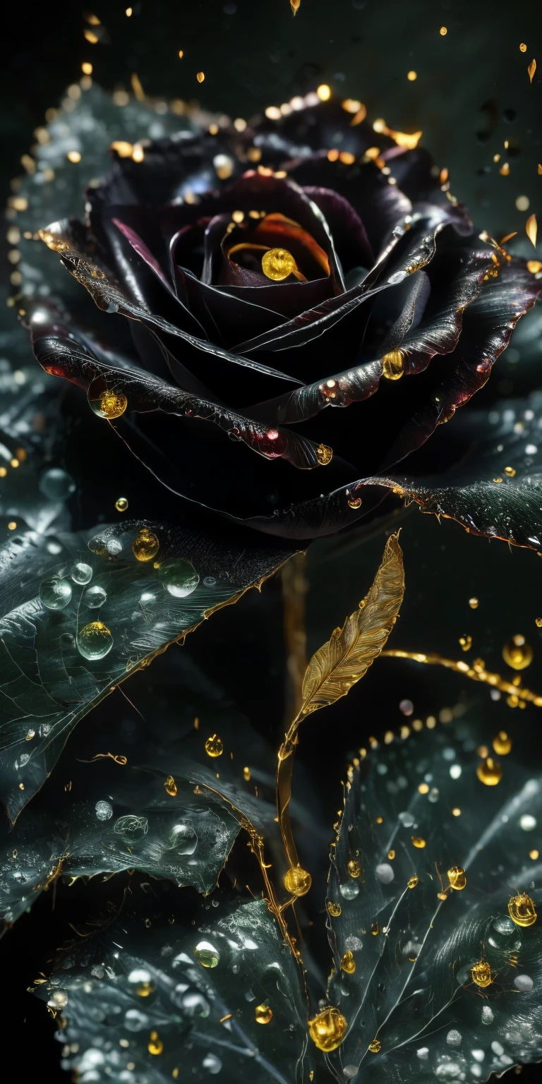 Best Quality, ultra detailed, A black rose and the outer edge of each petal is gold. Small water droplets are noticeable on the petals.. Its dark green stem and well-marked black thorns, some green leaves with their golden tone on the outside of each leaf.,ultra wide angle,accent lighting,volumetric lighting,backlighting, (Detailed light),((an extremely delicate and beautiful)),dramatic_shadow,Ray_tracking,HdR
