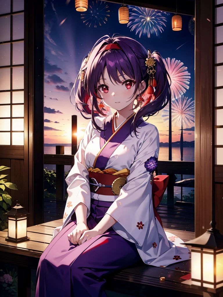 yuukikonno, Yuuki Konno, hair band, Long Hair, Pointed Ears, Purple Hair, Ahoge,(Red eyes:1.5), (Small breasts:1.2),low twin tail,smile,blush,Open your mouth,Purple Kimono,Purple long skirt,Fireworks in the night sky,Fireworks,The place is a fireworks display,Time is night,sunny day,Sitting on a bench,A triangular piece of red watermelon is placed on a plate on a bench.,Wind Chimes,whole bodyがイラストに入るよう,
break looking at viewer, , whole body, (Cowboy Shot:1. 5)
break indoors, Veranda,Japanese garden,
break (masterpiece:1.2), Highest quality, High resolution, unity 8k wallpaper, (figure:0.8), (Beautiful attention to detail:1.6), Highly detailed face, Perfect lighting, Highly detailed CG, (Perfect hands, Perfect Anatomy),