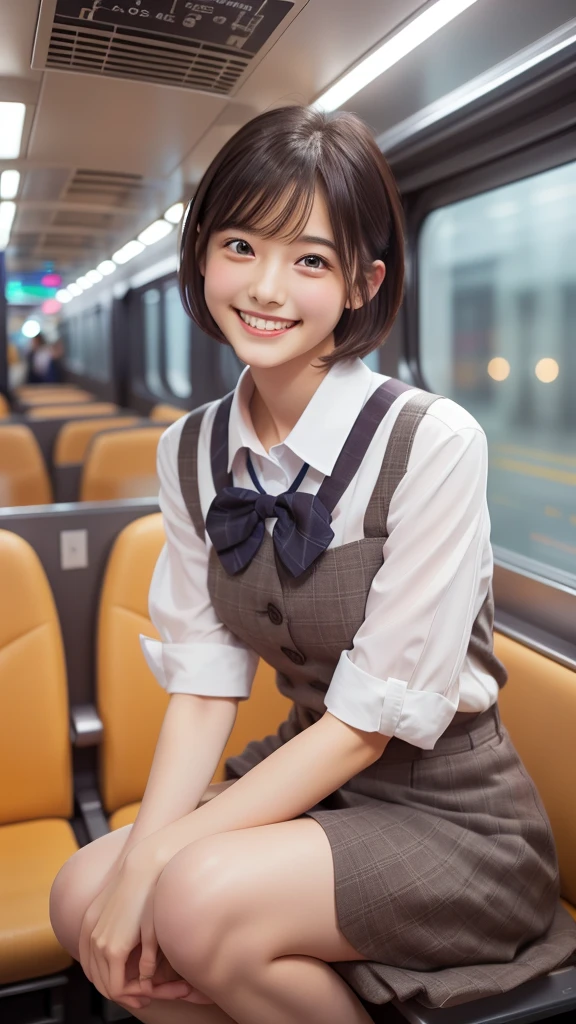 highest quality, masterpiece, Ultra-high resolution, (Reality: 1.4), Original photo, One girl, mature, White JK Uniform, buns hair, short hair, happy smile, , squatting on seat in train,  Cinema Lighting