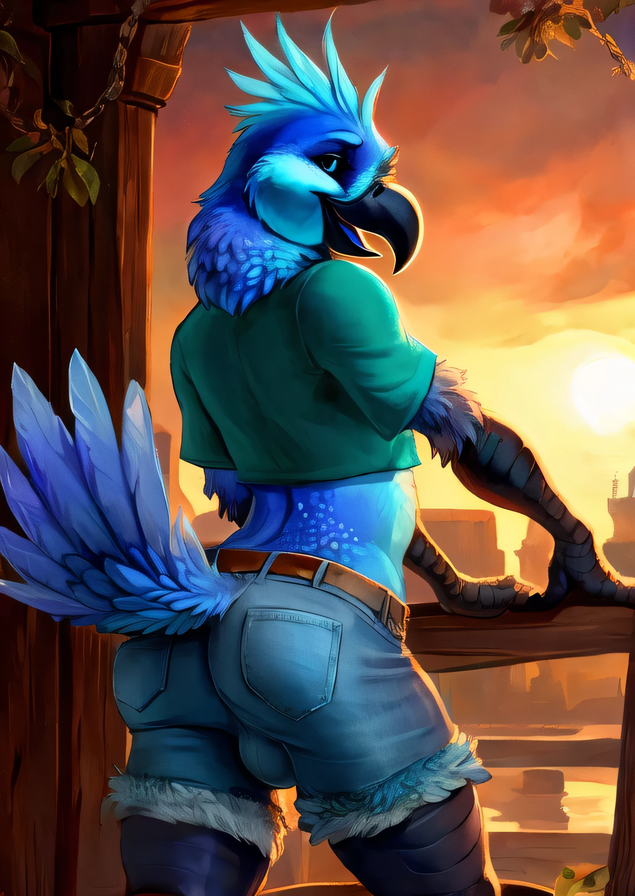 solo male Coby, (((solo))), ((realistic)), cockatiel, anthro, furry, avian, ((clear cyan eyes)), black sclera, long cyan feather mohawk, black beak, blue body with cyan accents, bird feather tail, black bird arms, cyan claws, ((cyan glitter dots on hips)), neck tuft, (bulge,) crotch tuft, ((half-length portrait)), BREAK, (detailed Colin Campbell Cooper blue bird), (feminine, curvy), (((slim))), (skinny), twink, gay, ass, (detailed Bonifasko lighting), (chibi:1.2), (detailed skin), BREAK, (dynamic pose, seductive pose:1.3), (outdoors, ghetto basket ball court at sunset) ((denim shorts, crop top, sneakers, backwards cap, arm warmers)), (cinematic lighting), ((detailed background)), (((three-quarter view))), (half body shadow), (happy, wide eyes, cute), (ass focus), [backlighting], [crepuscular ray], [detailed ambient light], [gray natural lighting], [ambient light on the belly], [higher feather detail], [fluffy feather texture], [realistic proportions], [explict content], [sharp focus], (questionable content), (shaded), ((masterpiece)), BREAK