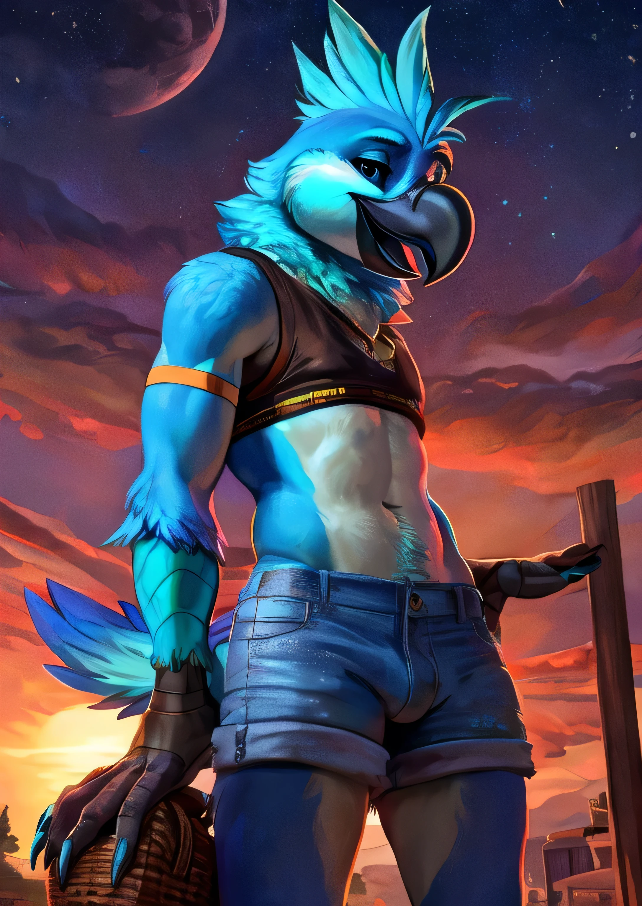 solo male Coby, (((solo))), ((realistic)), atiel, anthro, furry, avian, ((clear cyan eyes)), black sclera, long cyan feather mohawk, black beak, blue body with cyan accents, bird feather tail, black bird arms, cyan claws, ((cyan glitter dots on hips)), neck tuft, (bulge,) crotch tuft, ((half-length portrait)), BREAK, (detailed Colin Campbell Cooper blue bird), (feminine, curvy), (((slim))), (skinny), twiny, ass, (deted Bonifasko lighting), (chibi:1.2), (detailed skin), BREAK, (dynamic pose, seductive pose:1.3), (outdoors, ghetto basket ball court at sunset) ((denim shorts, crop top, sneakers, backwards cap, arm warmers)), (cinematic lighting), ((detailed background)), (((three-quarter view))), (half body shadow), (happy, wide eyes, cute), (ass focus), cklighting], [crepuscular ray], [detailed ambient light], [gray natural lighting], [ambient light on the belly], [higher feather detail], [fluffy feather texture], [realistic proportions], [explict content], [sharp focus], (questionable content), (shaded), ((masterpiece)), BREAK